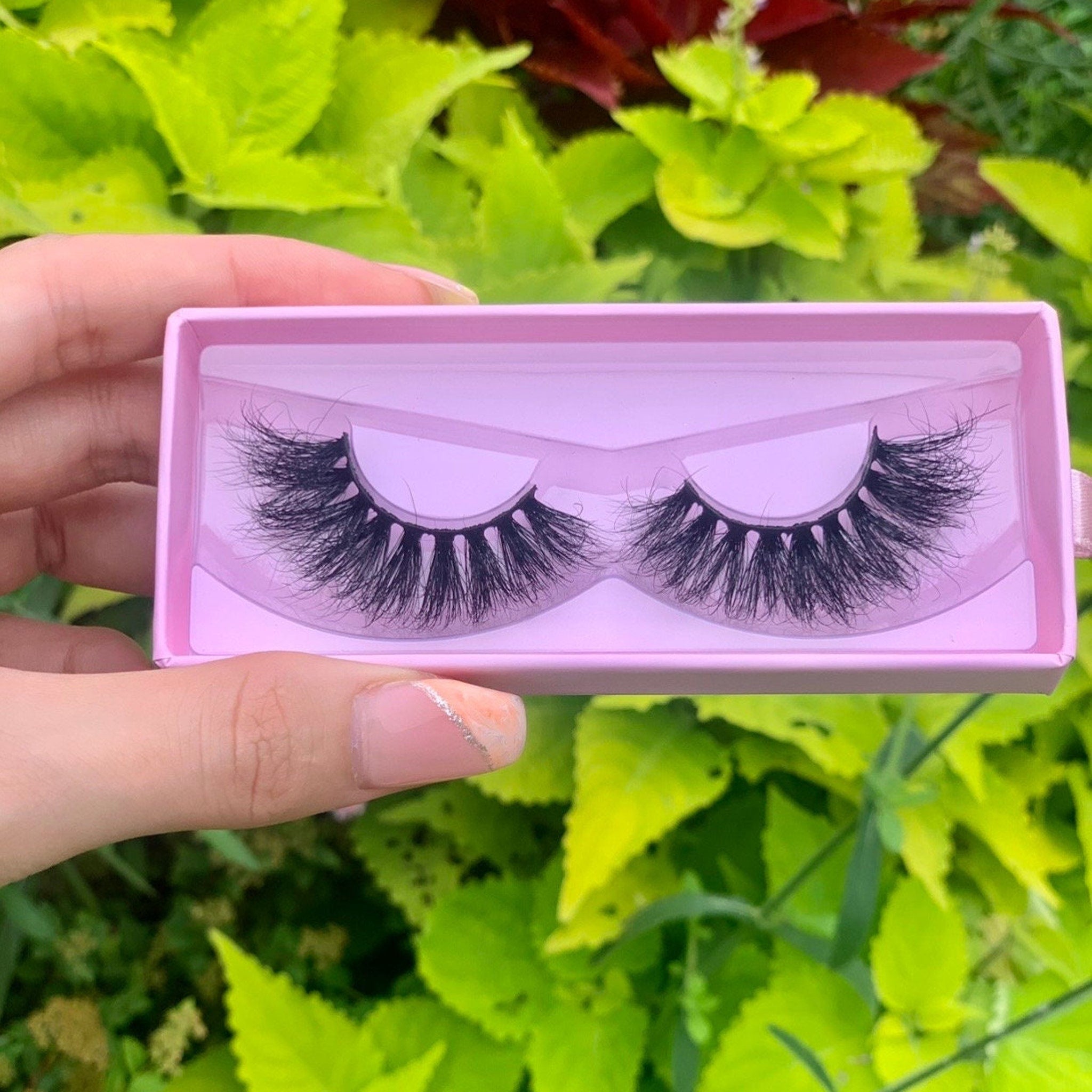 Eyelashes in pink box with black lashes and pink ribbon detail, held by hand