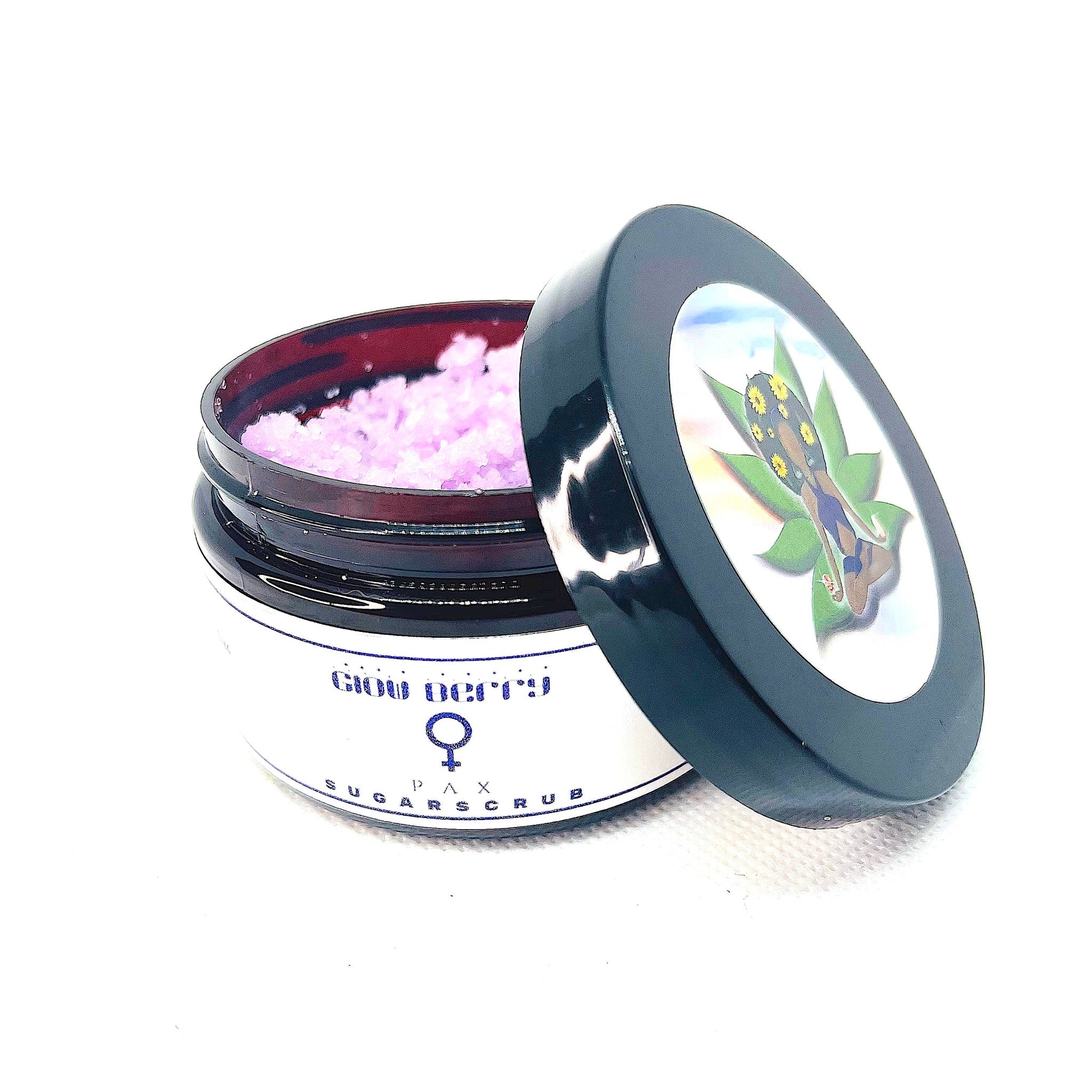Sugar scrub jar with pink scrub, black lid, and Glow Berry label