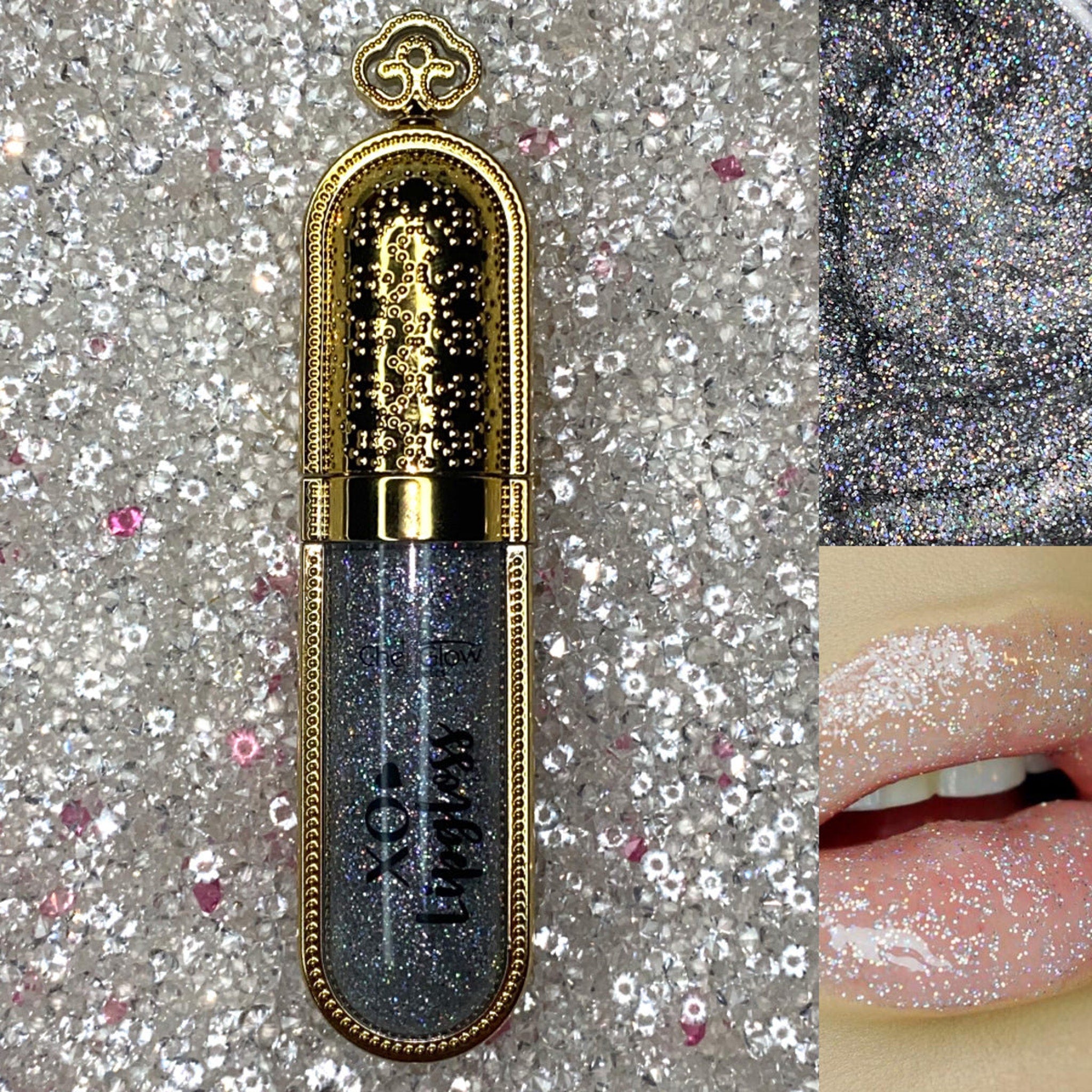 Glitter lipgloss with silver glitter, gold metallic casing, and lip application shown