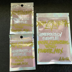 Facial Cleanser powder mix in pink and iridescent pouches with XemHeka brand text