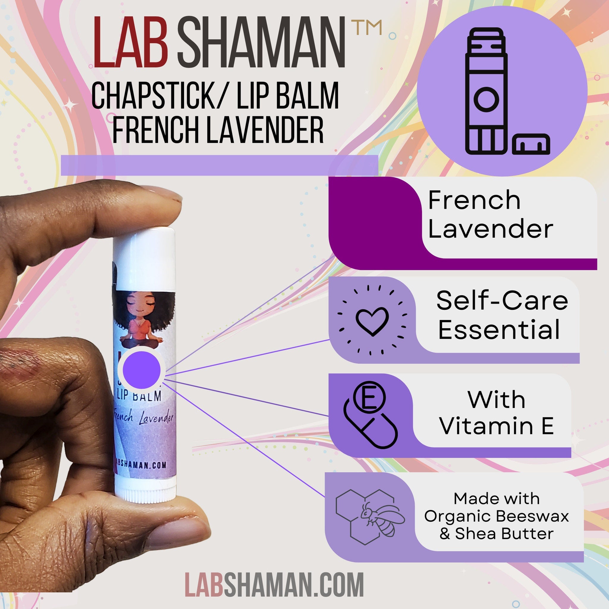 Lip balm tube with white, purple, and black design, held by hand, French Lavender text visible