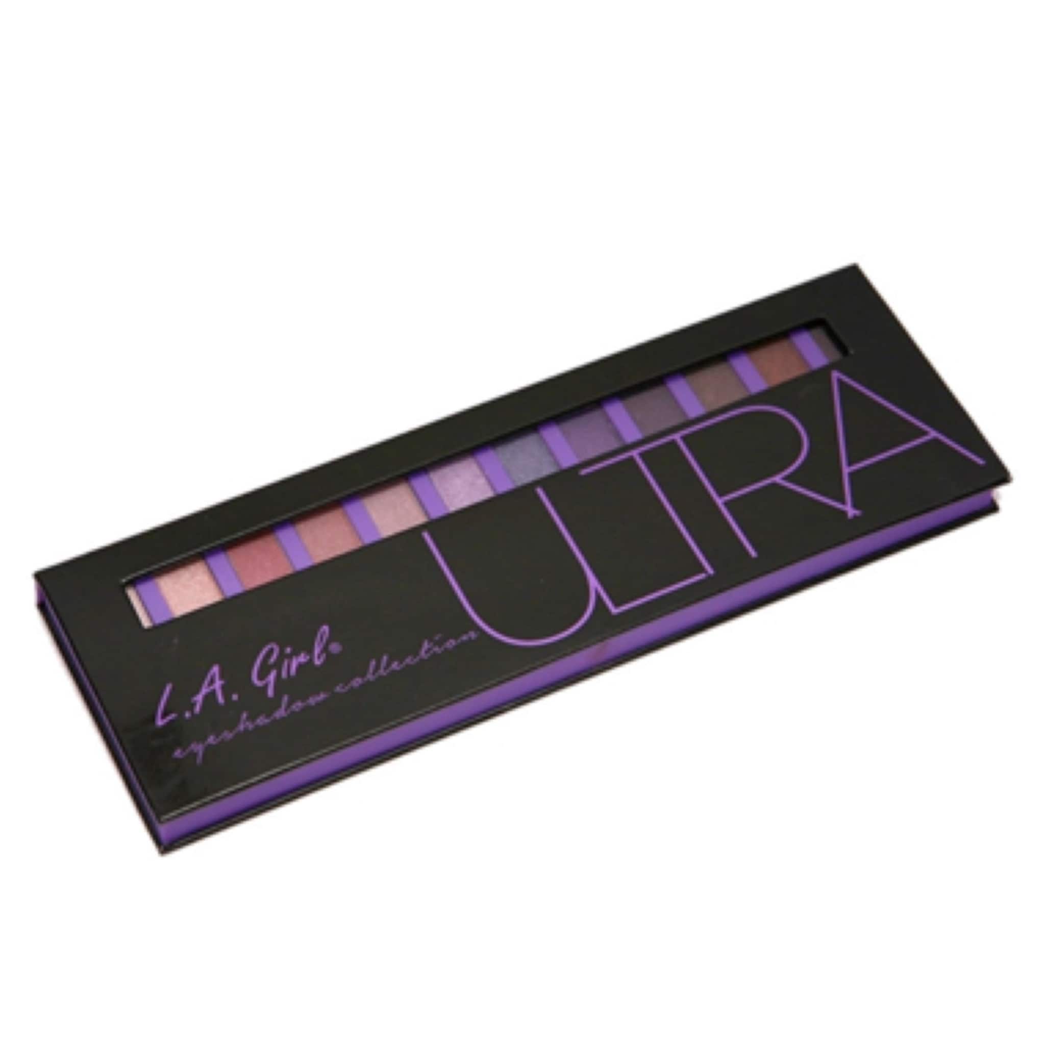 Eyeshadow palette with purple and pink shades, black case with L.A. Girl Ultra branding, for eye makeup