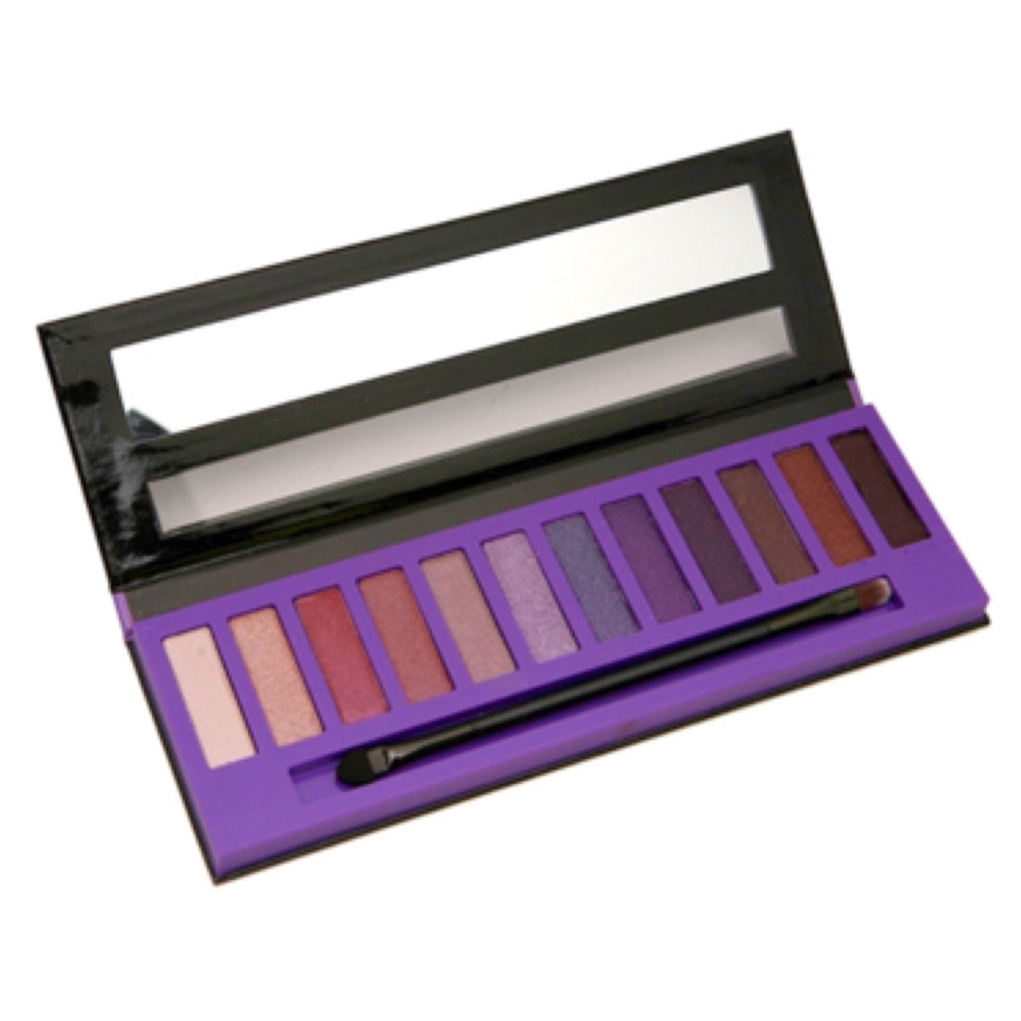 Eyeshadow palette with purple, pink, and brown shades, black frame, and included applicator brush