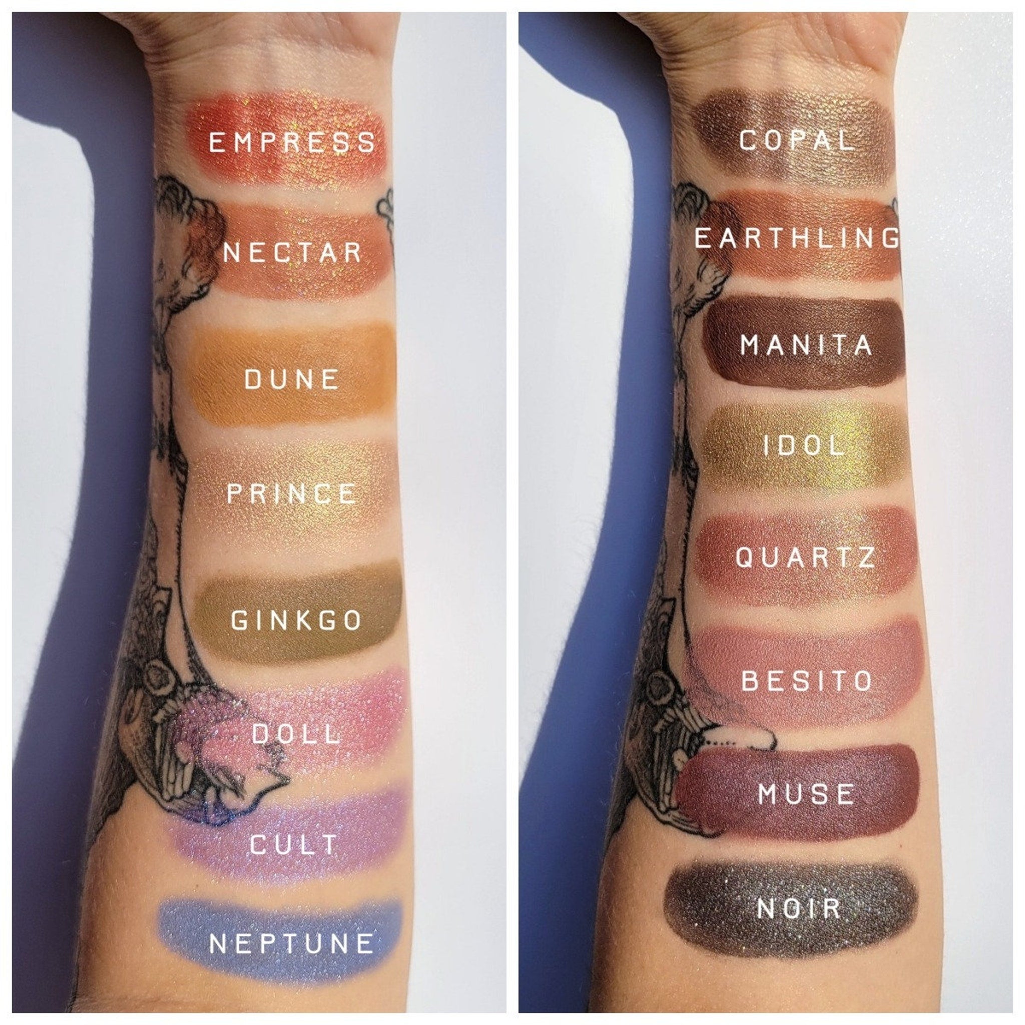Side view of Eye Potion Quartz Shadow pot showing angled packaging and shimmering taupe powder inside