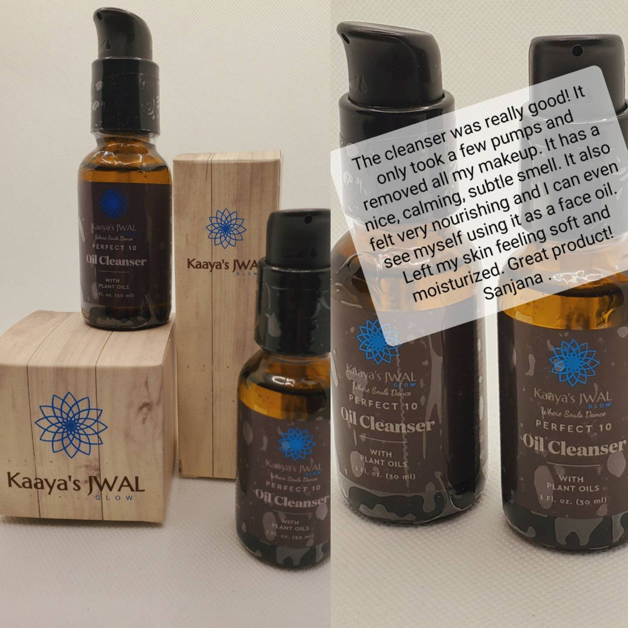 Oil cleanser bottle, brown glass, black pump, Kaaya's JWAL branding, with wooden box