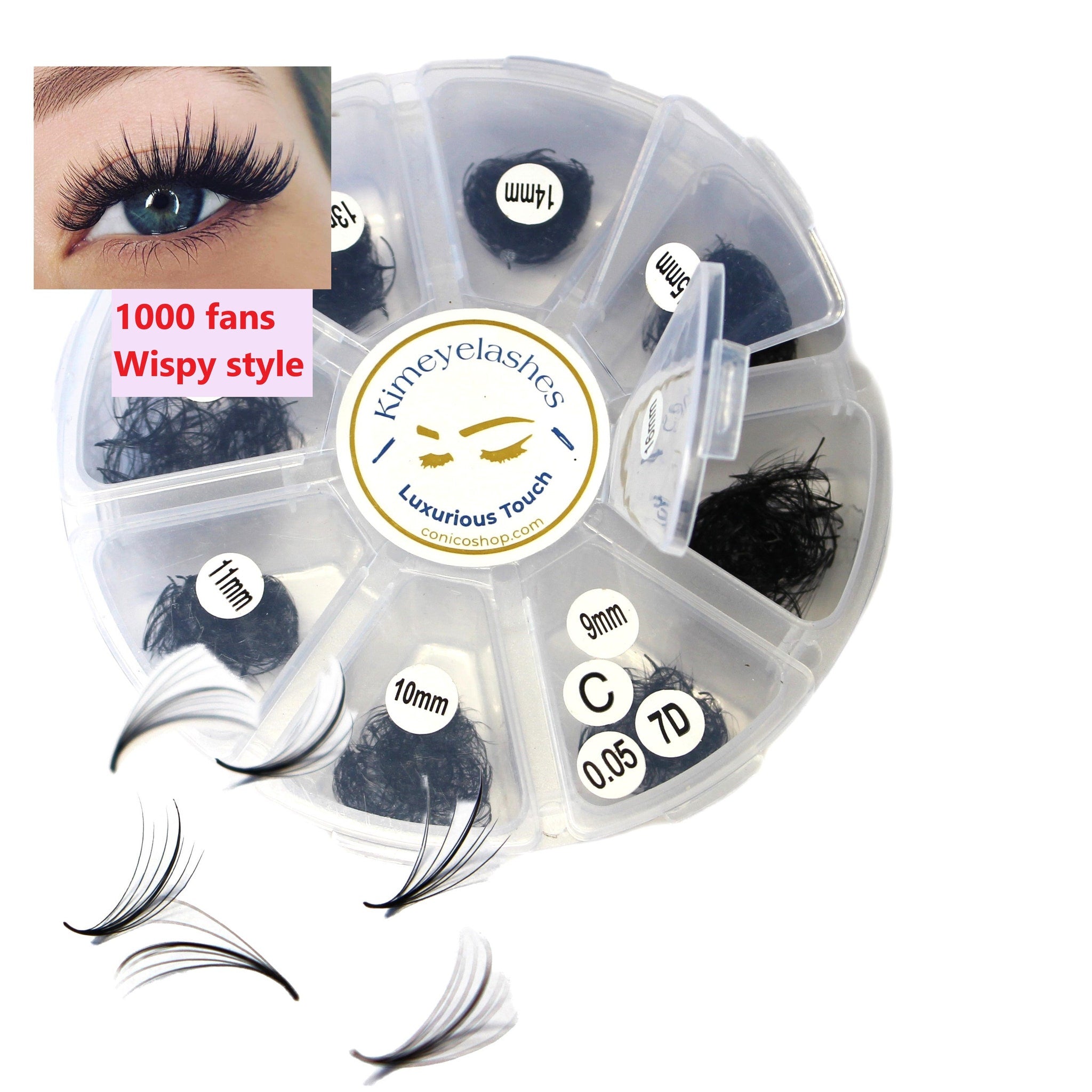 Eyelash extensions with black wispy style and Kimeyelashes brand in a clear plastic container