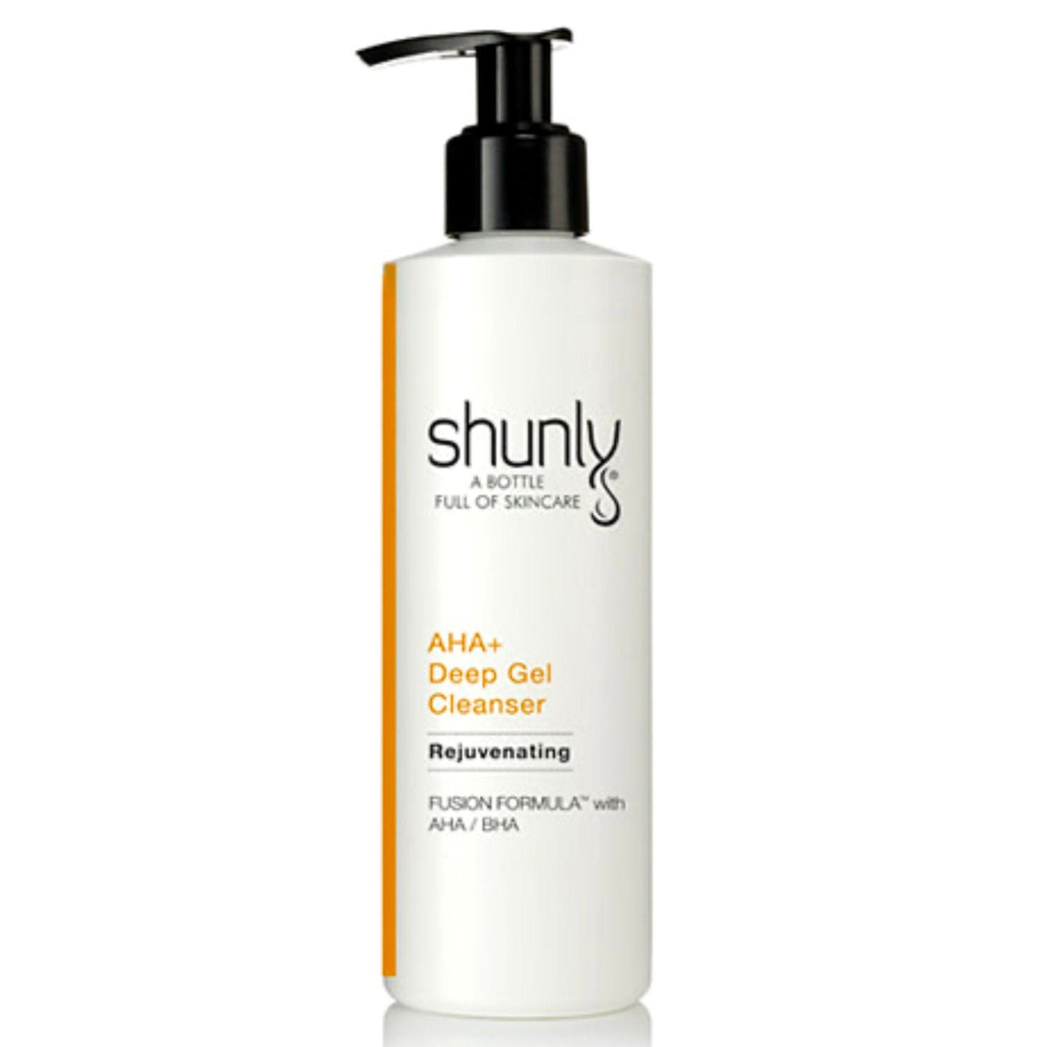 Facial Cleanser bottle, white with black pump, Shunly Skincare branding and orange accent stripe