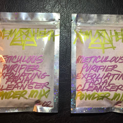 Facial cleanser powder mix, clear plastic bags with XemHeka brand, neon text, and star pattern