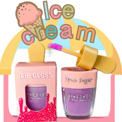 Lip gloss in pink and purple with applicator, "Spun Sugar" text visible