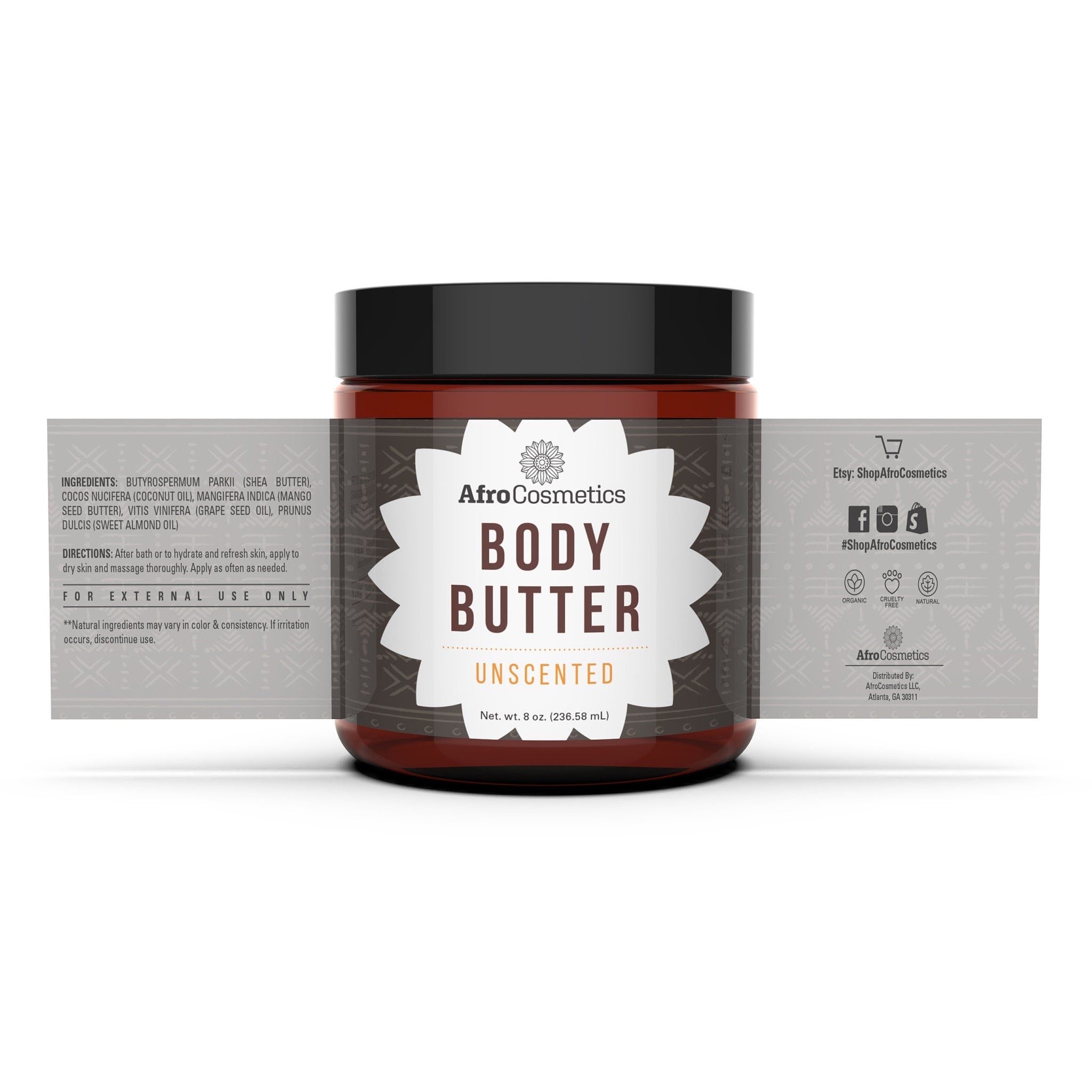 White plastic jar of unscented whipped shea butter with minimalist label and matte finish