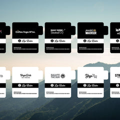 Lip balm product with black and white label, various text designs, and a mountain backdrop.