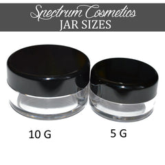 Cosmetic jars with black lids and clear bases, Spectrum Cosmetics branding, 10G and 5G sizes shown