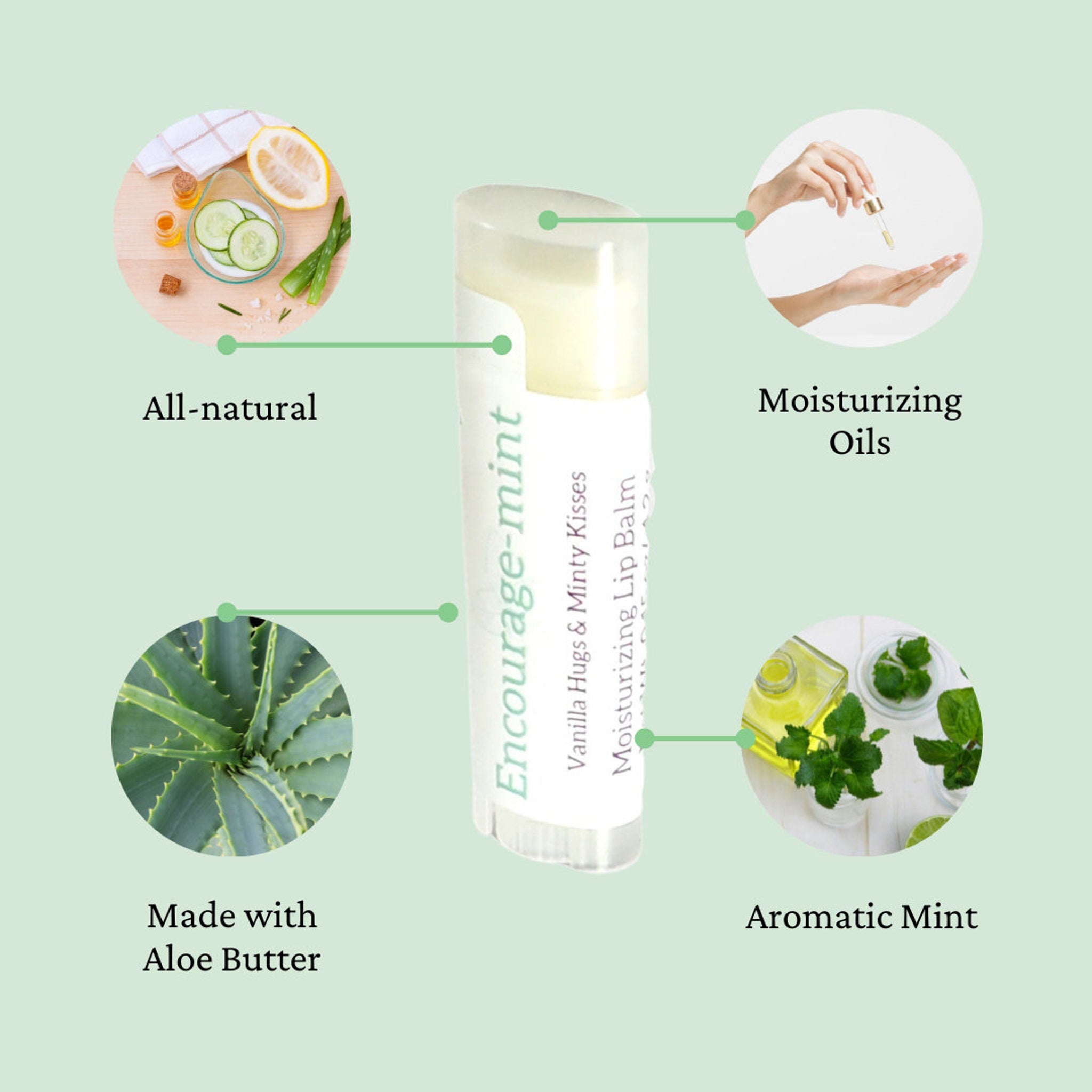 Lip balm tube with white and green text, clear cap, and ingredients shown around it