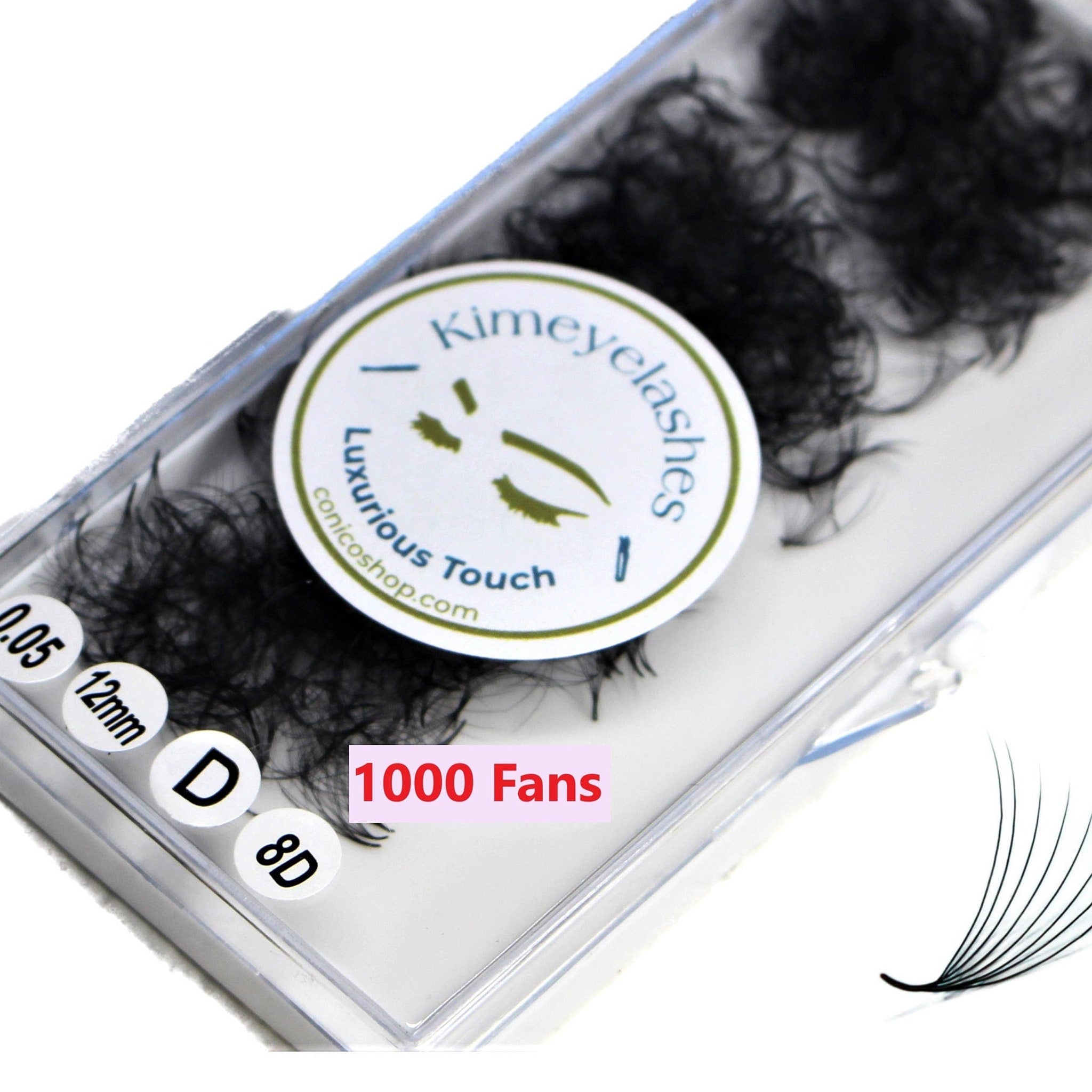False eyelashes with black fans, Kimeyelashes brand, in clear plastic packaging with text labels