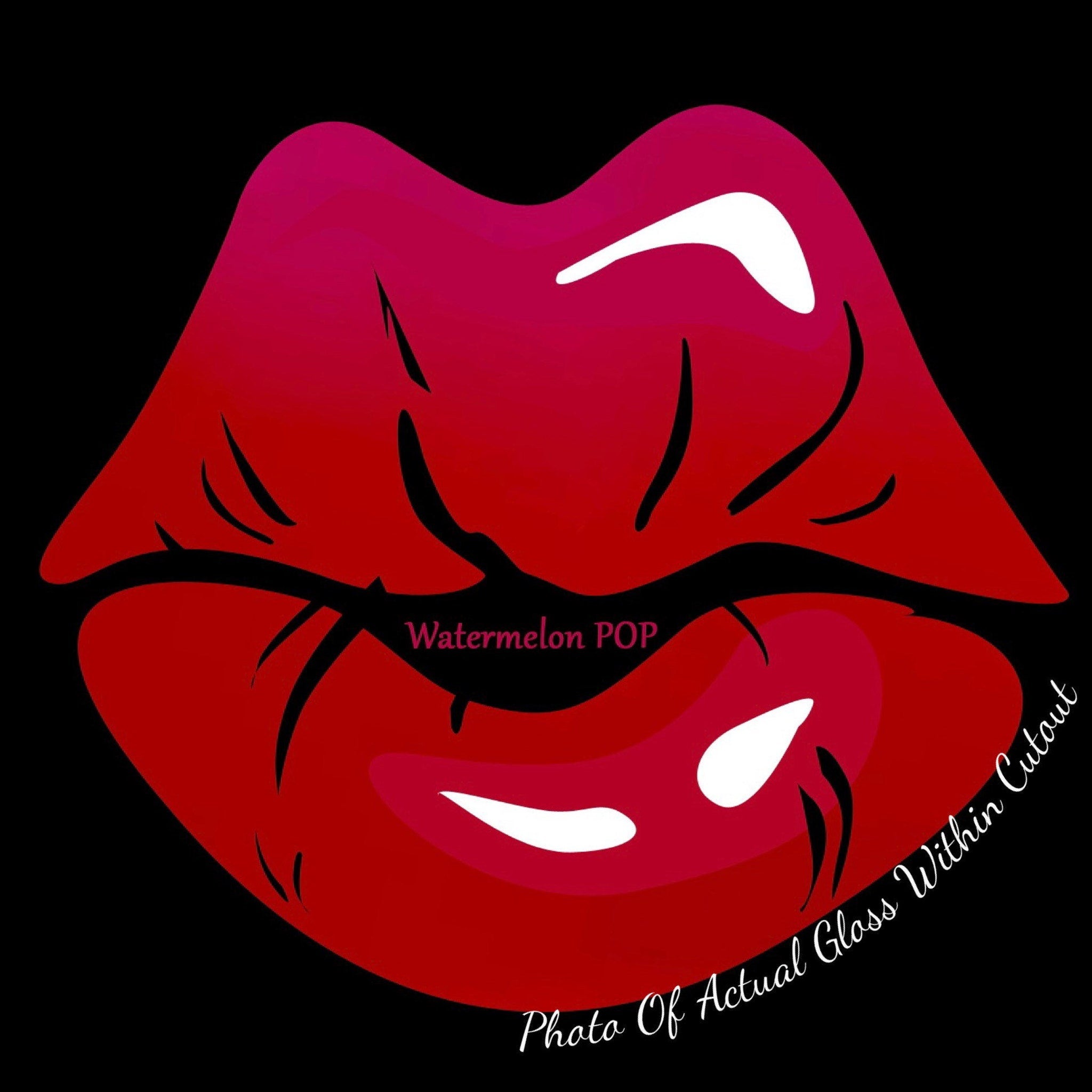 Lip gloss graphic with red lips, white highlights, and "Watermelon POP" text on black background