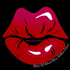 Lip gloss graphic with red lips, white highlights, and "Watermelon POP" text on black background