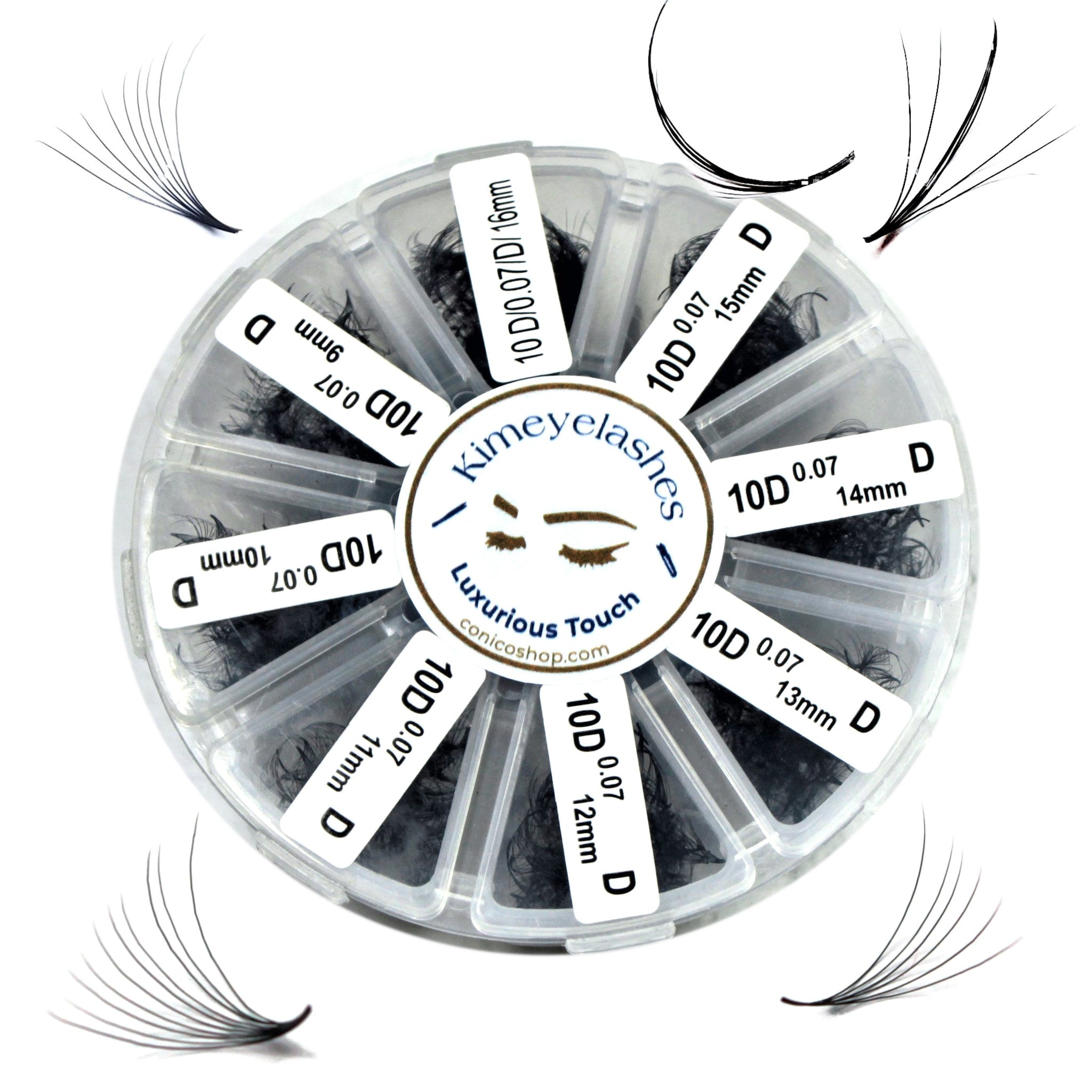 Eyelash extensions in black with Kimeyelashes brand name and various lengths in a clear case