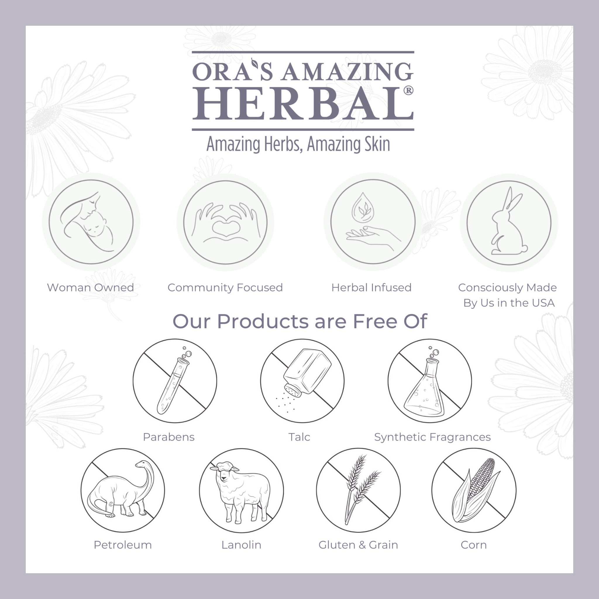 Ora's Amazing Herbal logo on white and lavender background with text and illustrations of ingredients