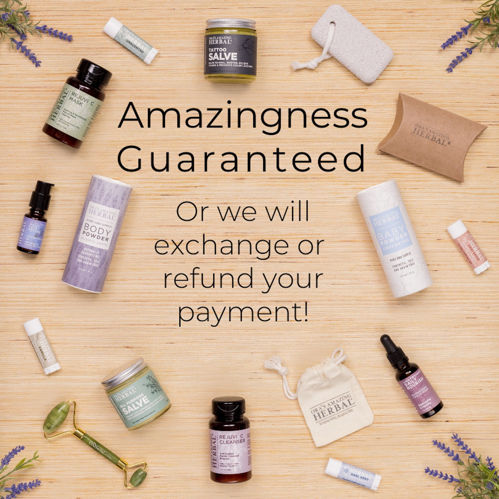 Ora's Amazing Herbal products on a wooden surface with lavender sprigs, various colors and styles
