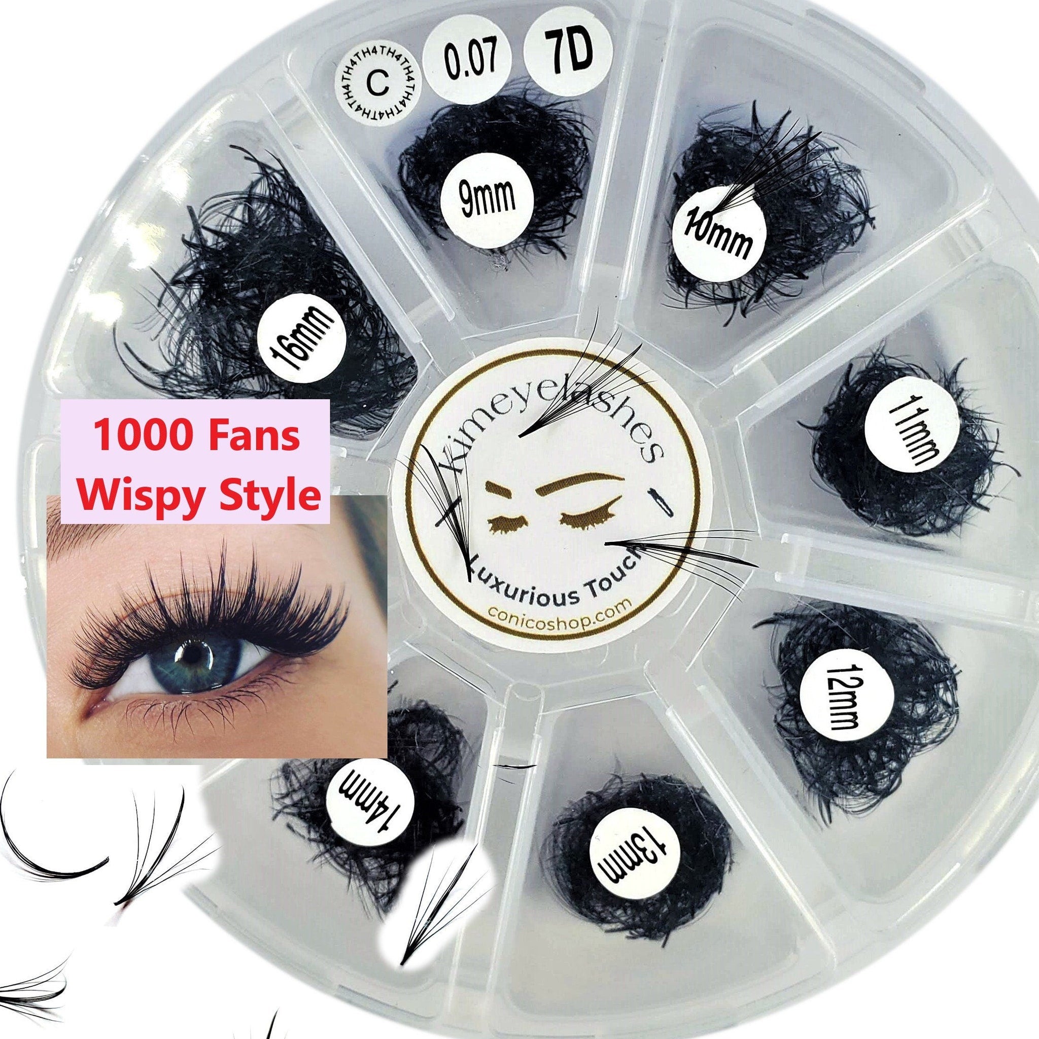 False eyelashes black wispy fans in clear container with Kimeyelashes brand name
