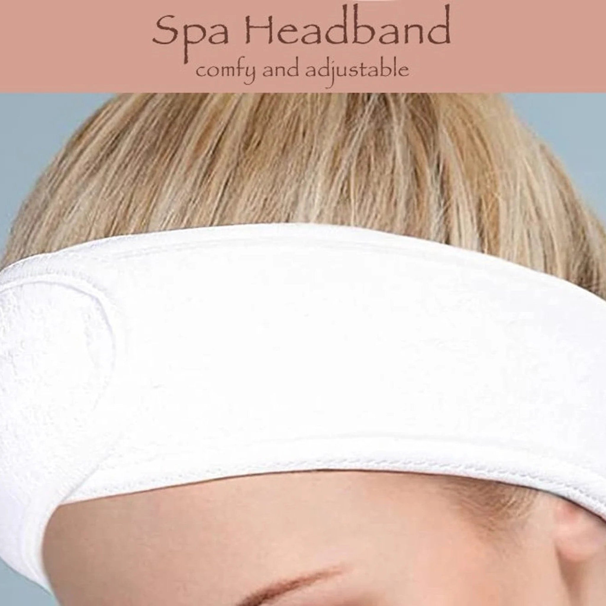 Spa Headband white terrycloth style worn on head, comfy and adjustable design