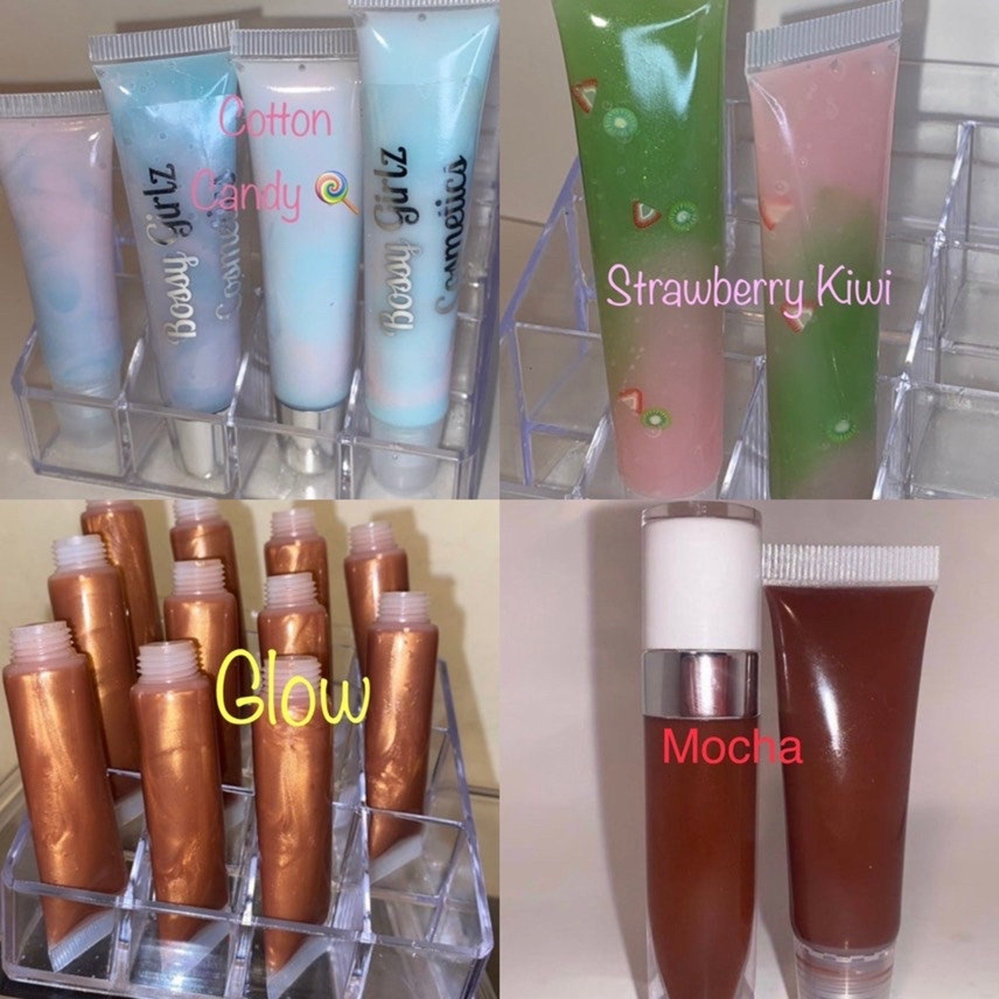Lip gloss tubes with clear plastic, various colors, and Bossy Girlz Cosmetics text visible