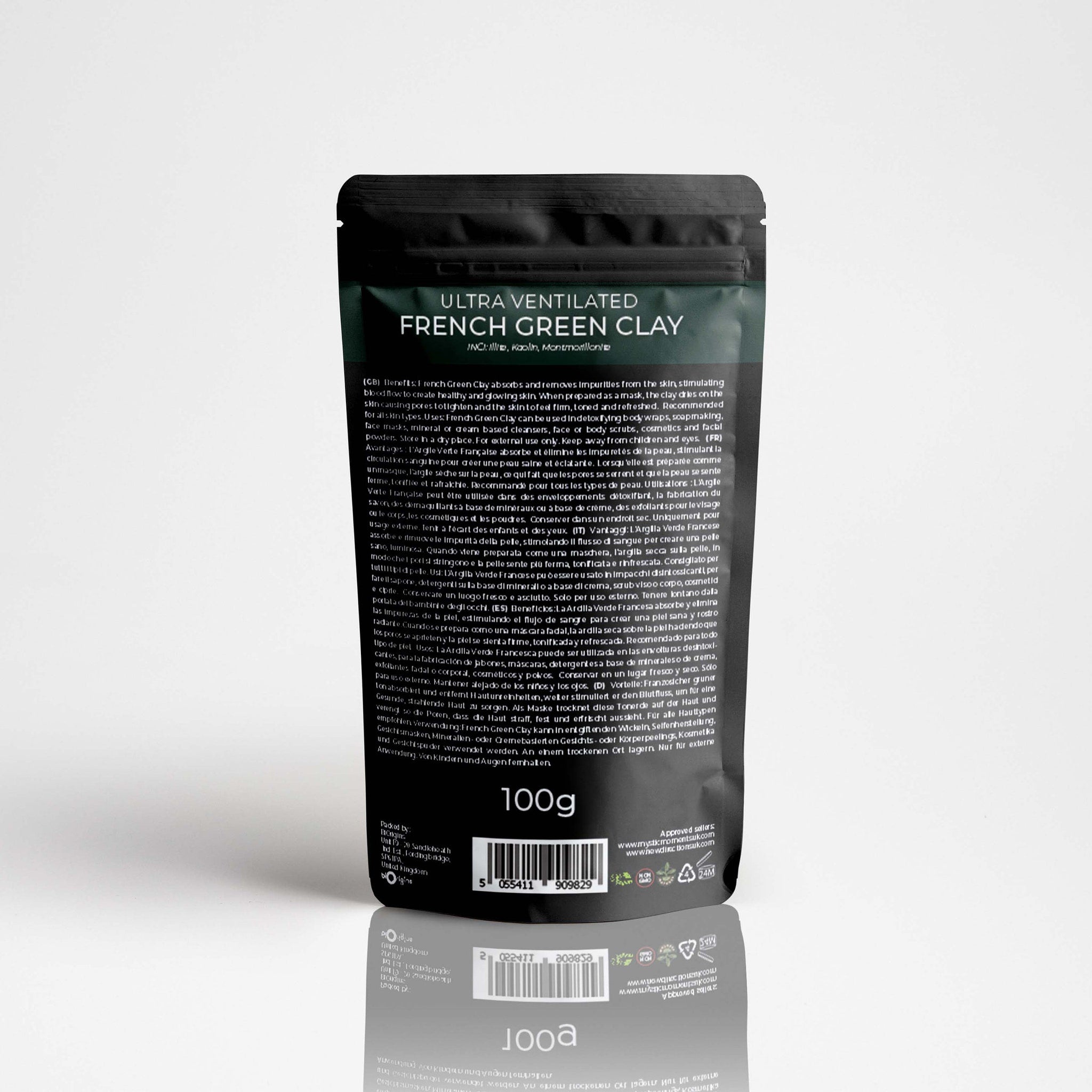 French Green Clay bag, black and green packaging, 100g weight visible