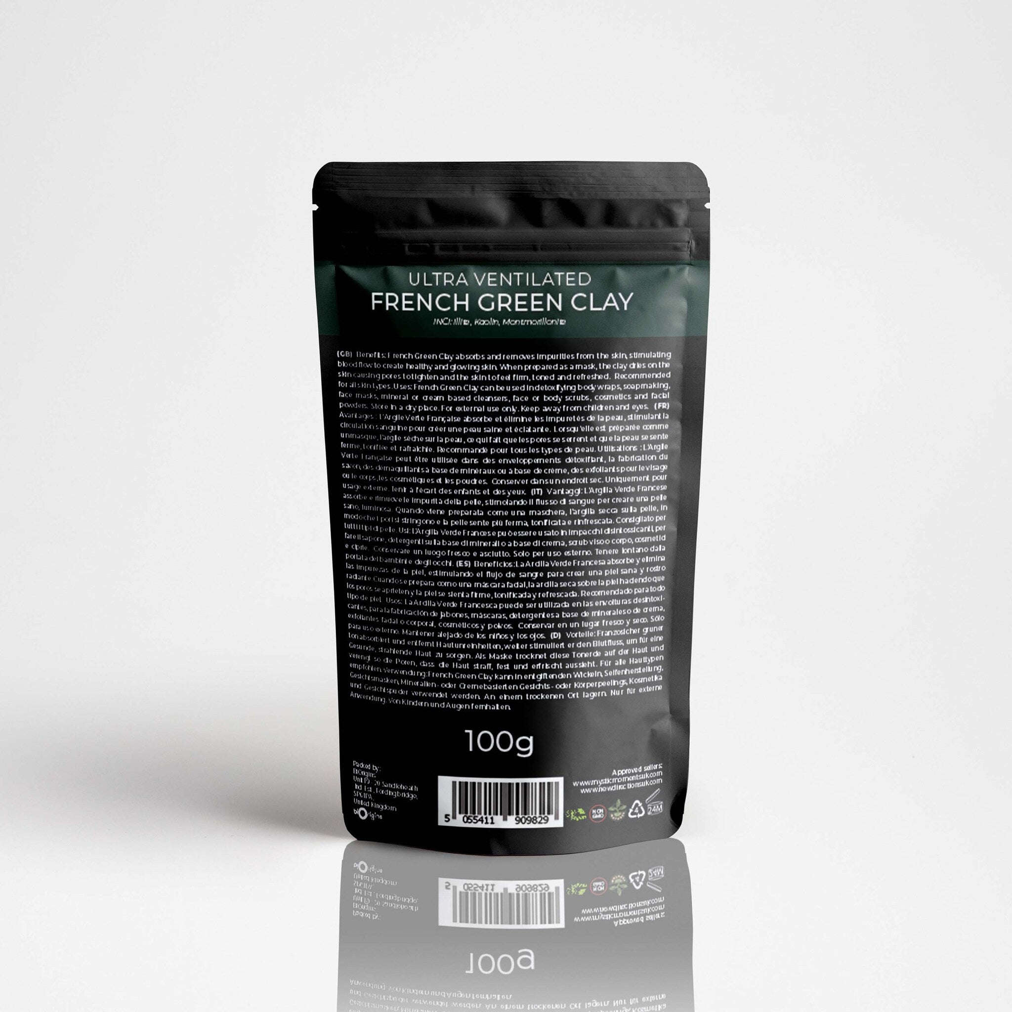 French Green Clay pouch, black and green packaging, white text 100g size