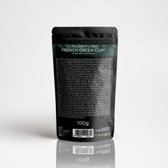 French Green Clay bag, black and green packaging, 100g weight visible