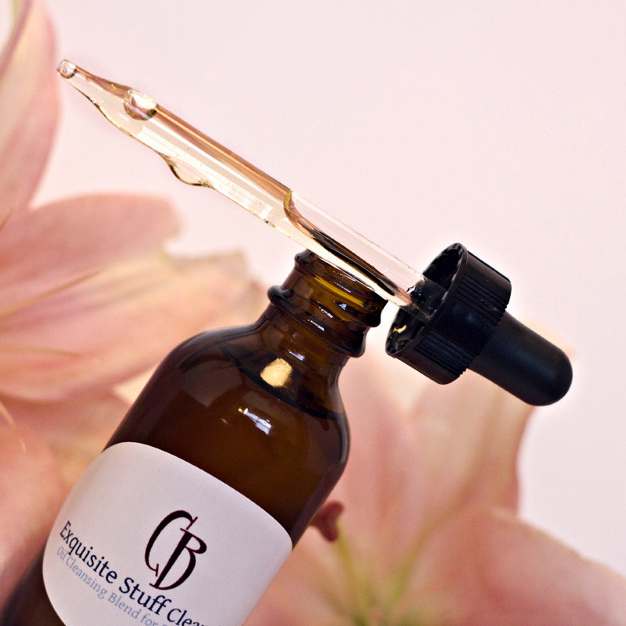 Oil Cleansing Blend bottle, brown glass, clear dropper, black cap, Crunchy Betty label visible