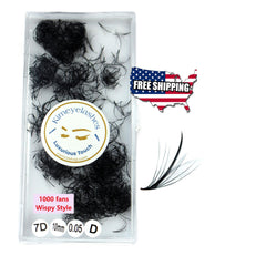 Eyelash extensions in black, wispy style, with Kimeyelashes branding on packaging
