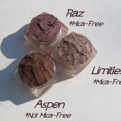 Three matte brown loose pigment eyeshadows in small round jars with black lids, vegan and cruelty-free mineral makeup.