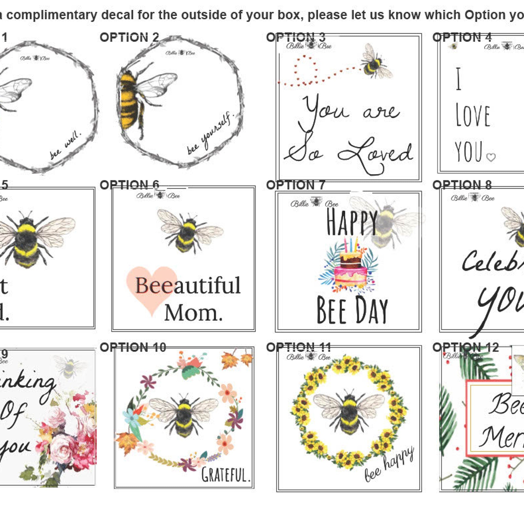 Decal option with yellow and black bee, Billie Bee Products, "Beeautiful Mom" text, heart shape