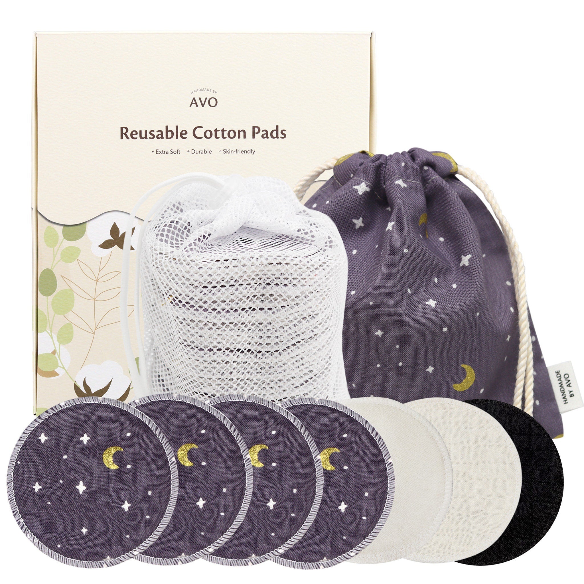 Reusable cotton pads set with purple star pattern, white, and black pads, with AVO branding