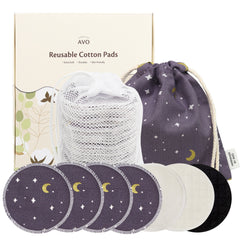 Reusable cotton pads set with purple star pattern, white, and black pads, with AVO branding