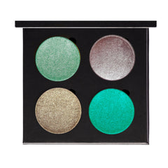 Close-up of fingers applying shimmering taupe vegan eyeshadow to eyelid with soft blending brush