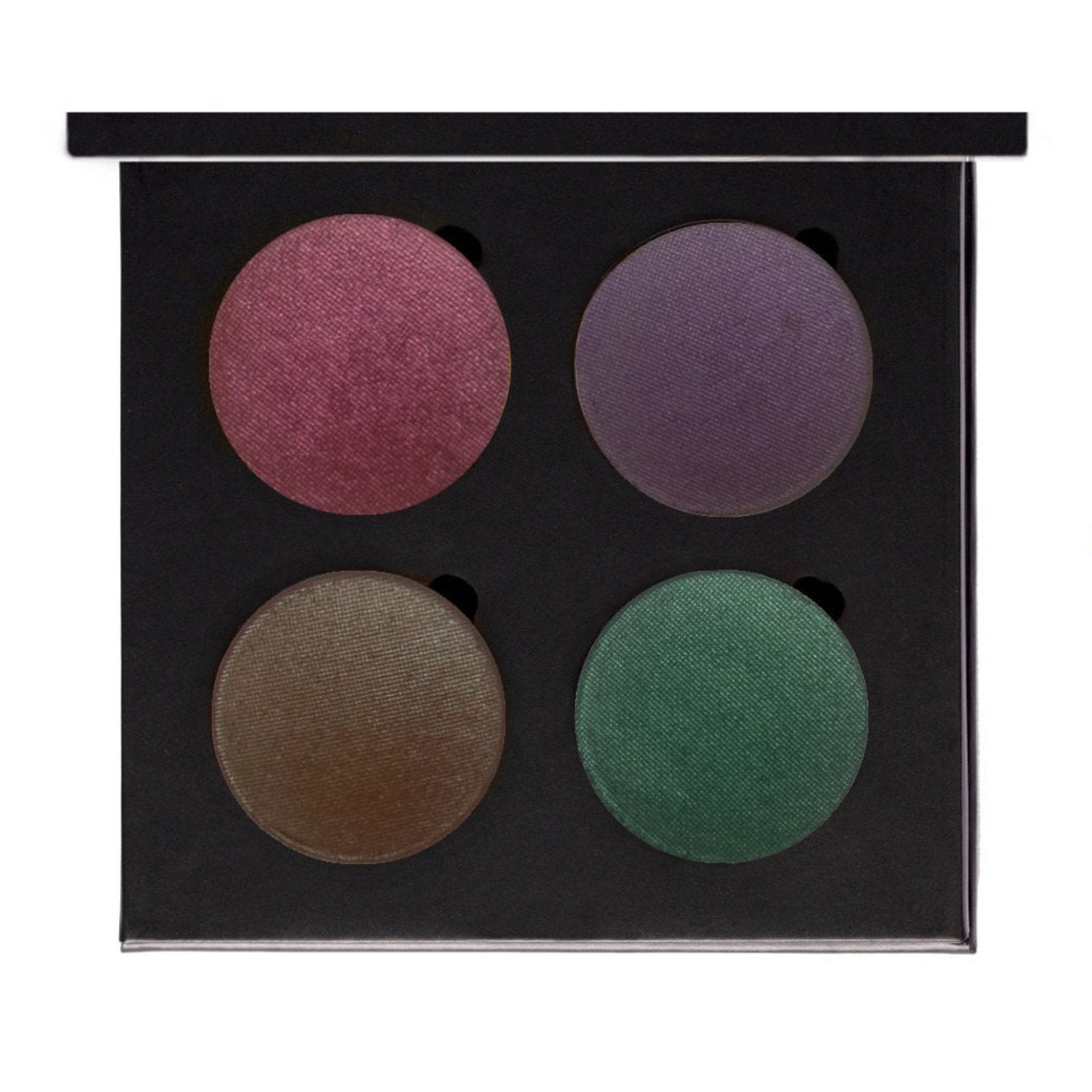 Side view of vegan eyeshadow compact showing sleek black packaging with clean angled edges