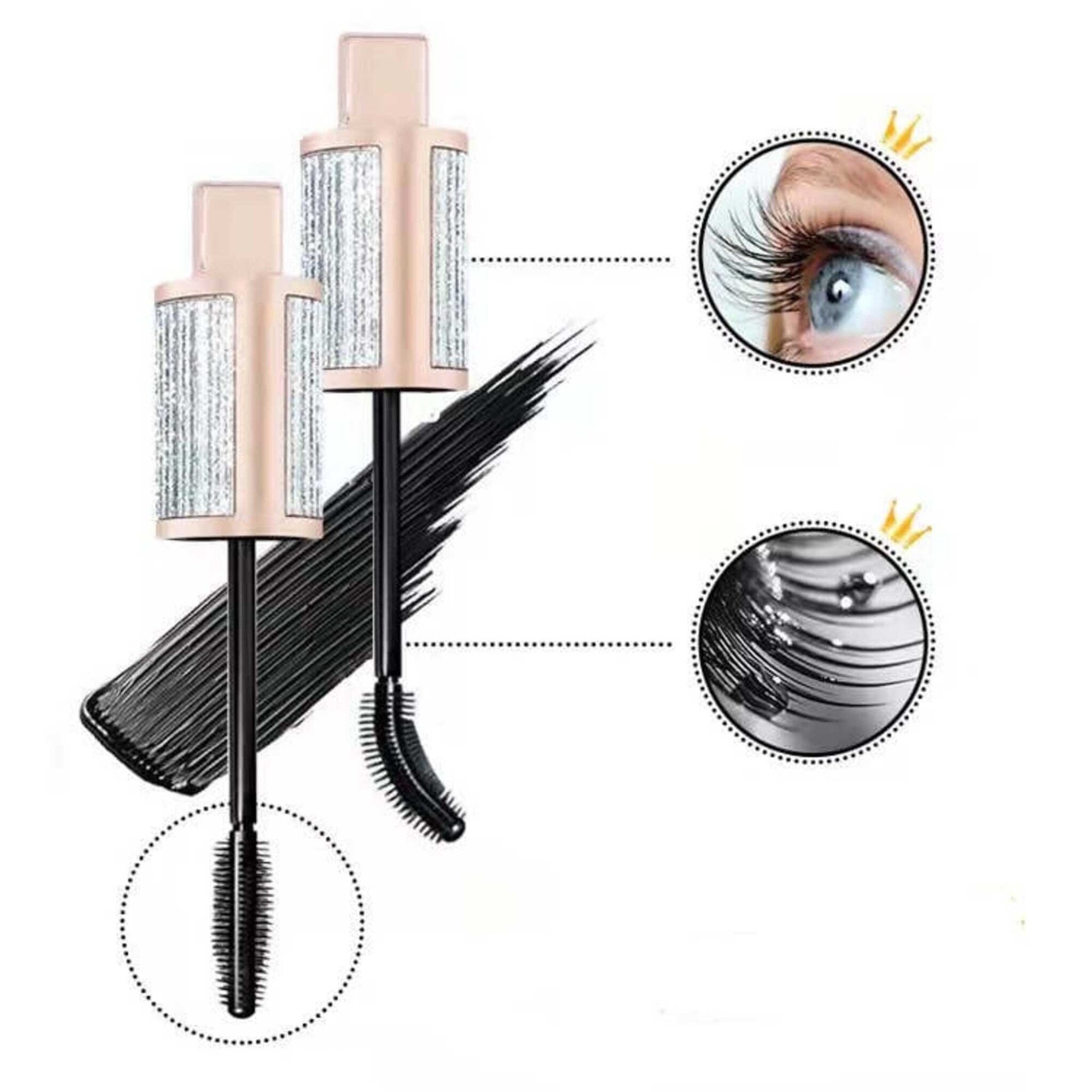 Mascara tubes with silver and gold accents, black brush and mascara stroke, for eye makeup application