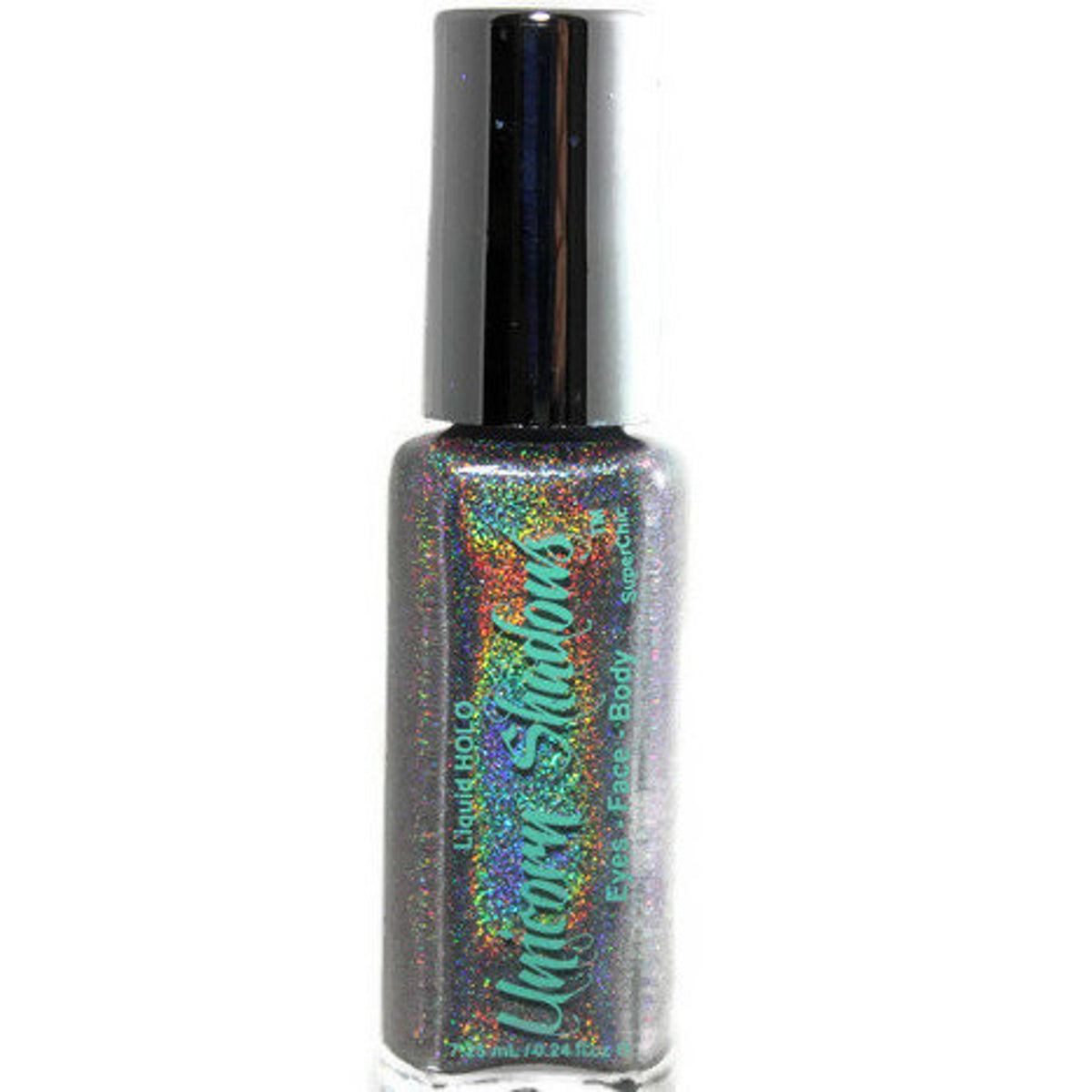 Close-up of holographic cotton candy eyeshadow palette with pink and blue iridescent shimmer in compact case