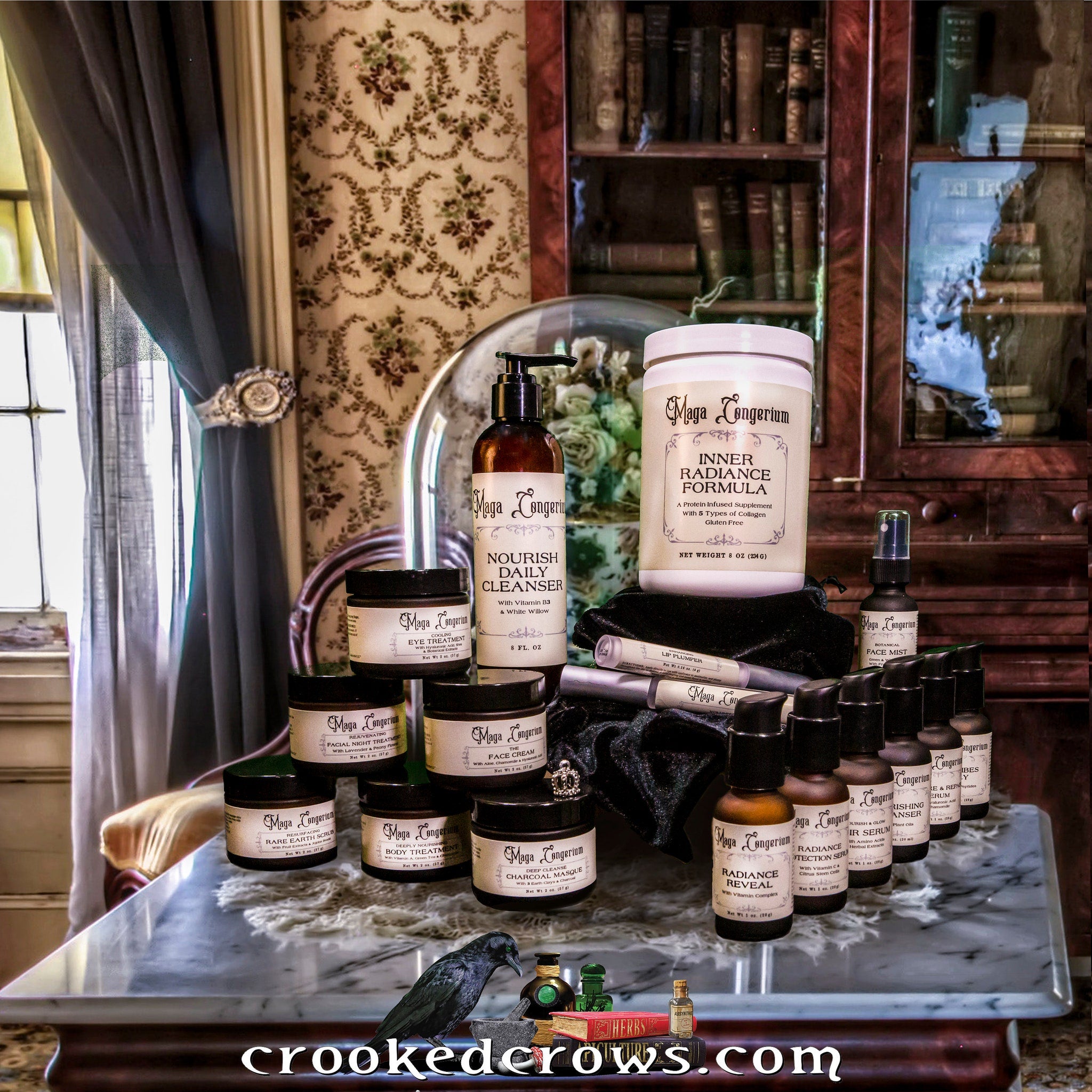 Skincare products in various brown bottles and jars, with "Maga Longerium" labels, arranged on a marble surface