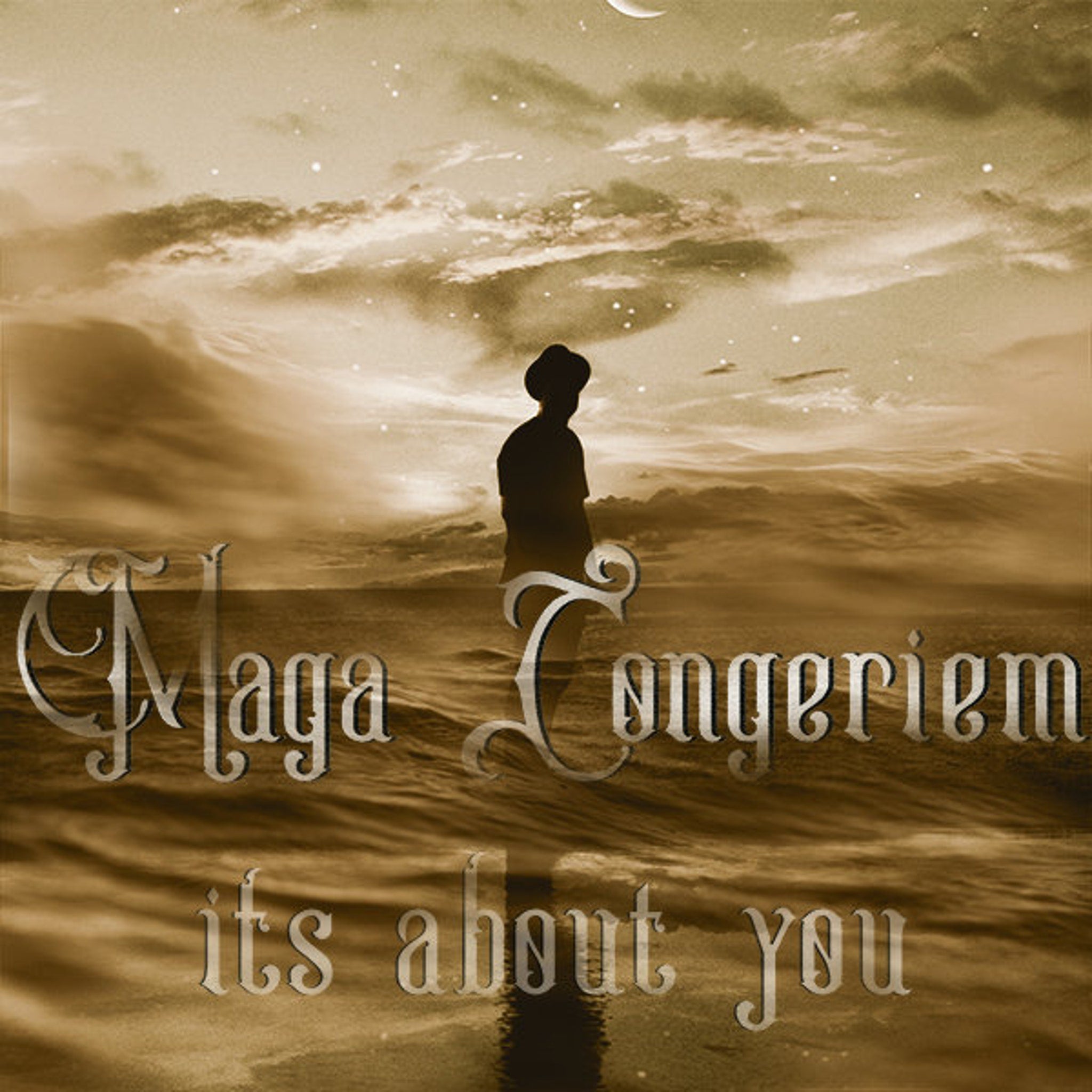 Sky scene with sepia tones, silhouette figure, and "Maga Longeriem" text overlay