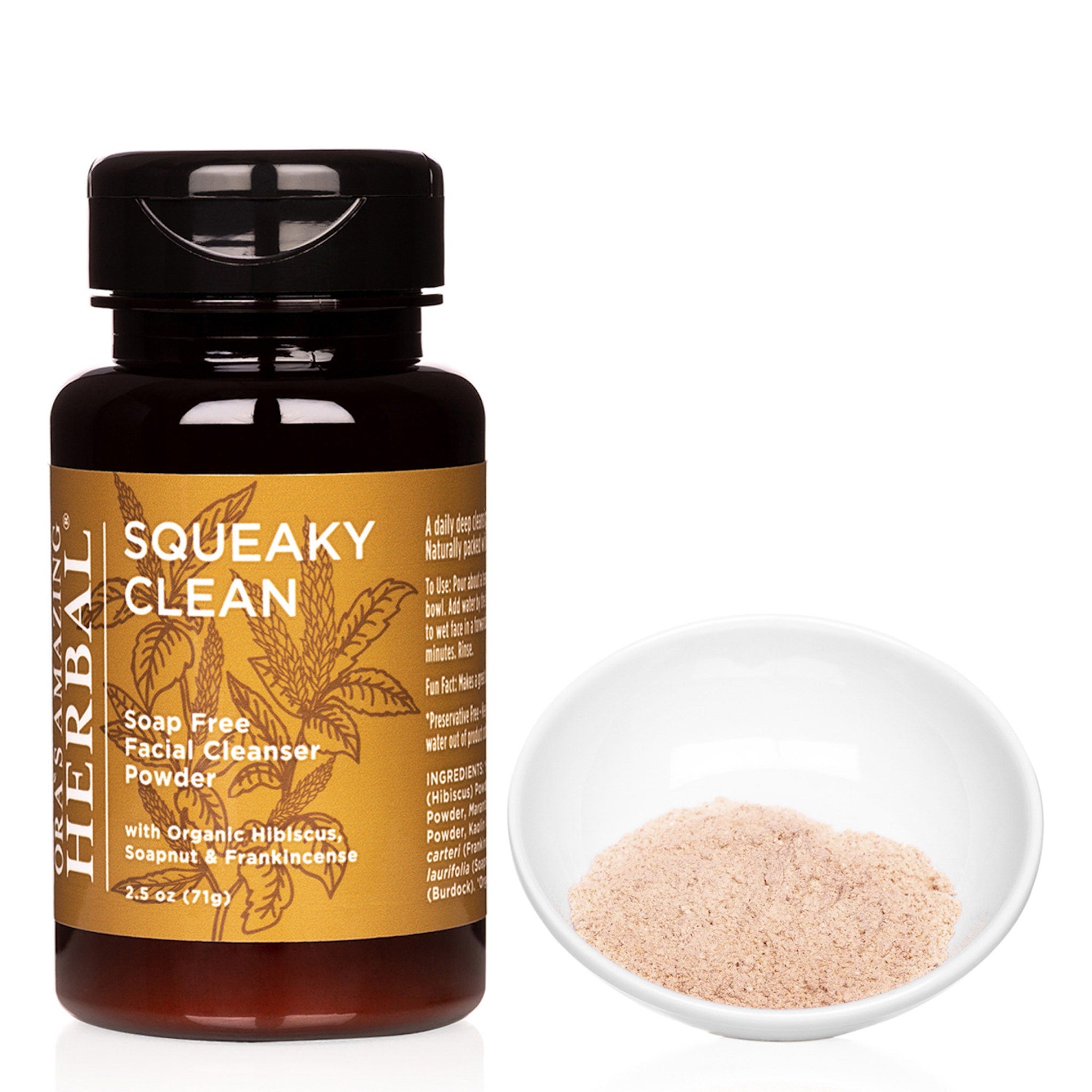 Facial cleanser powder in a brown bottle with a black cap, and powder in a white bowl, "ORAS AMAZING HERBAL" text visible