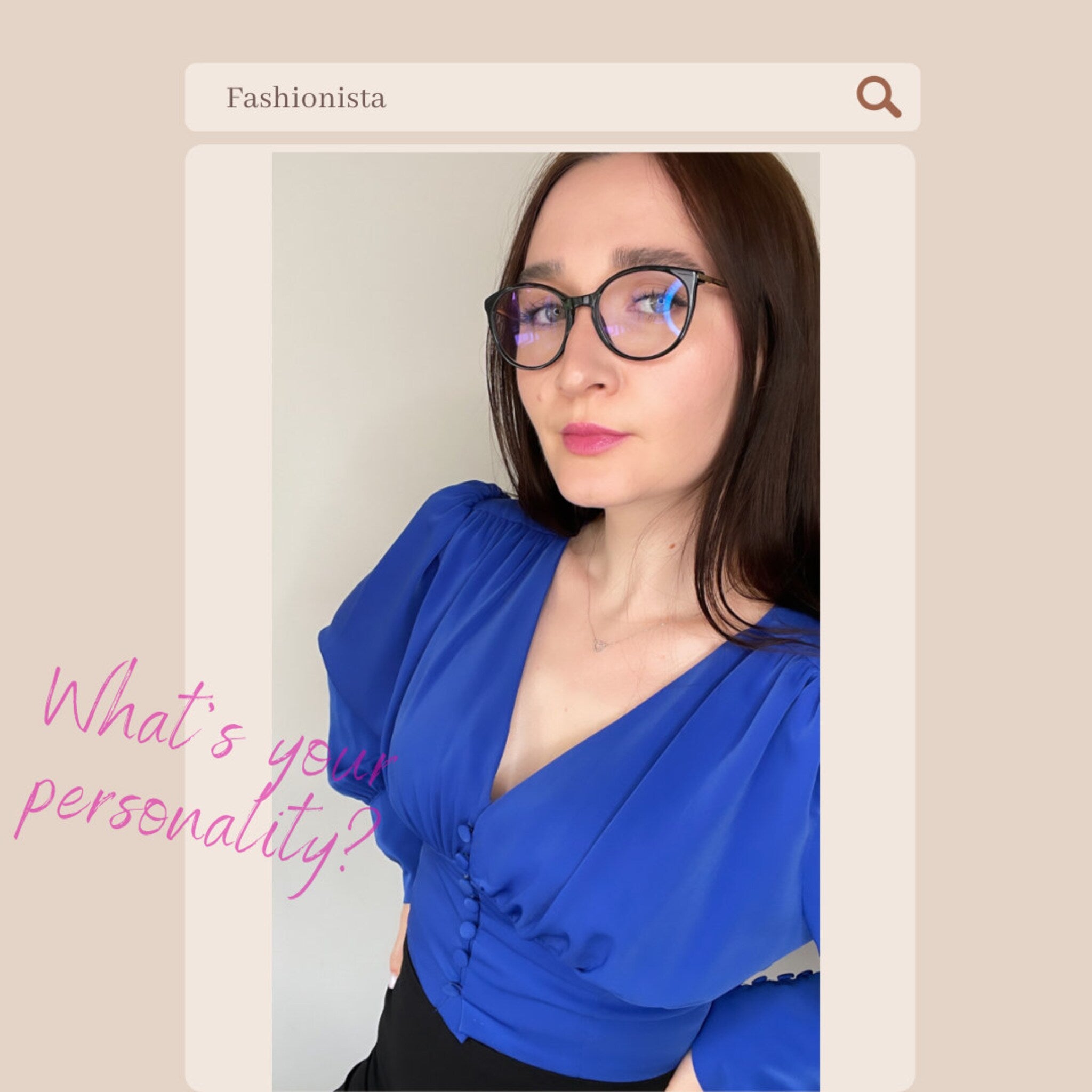 Woman wearing blue blouse with black glasses and black pants, posing for photo