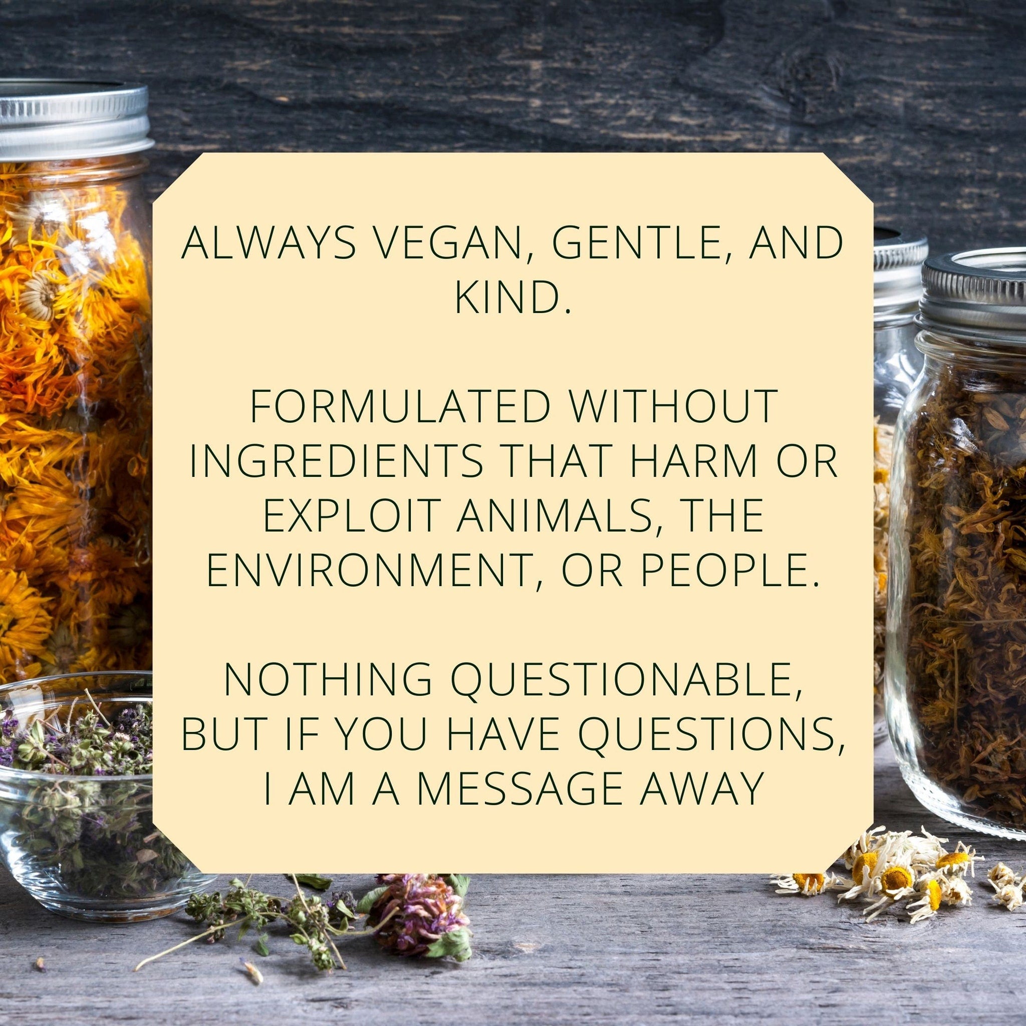 Glass jars with dried herbs, yellow text on beige background, wooden surface.