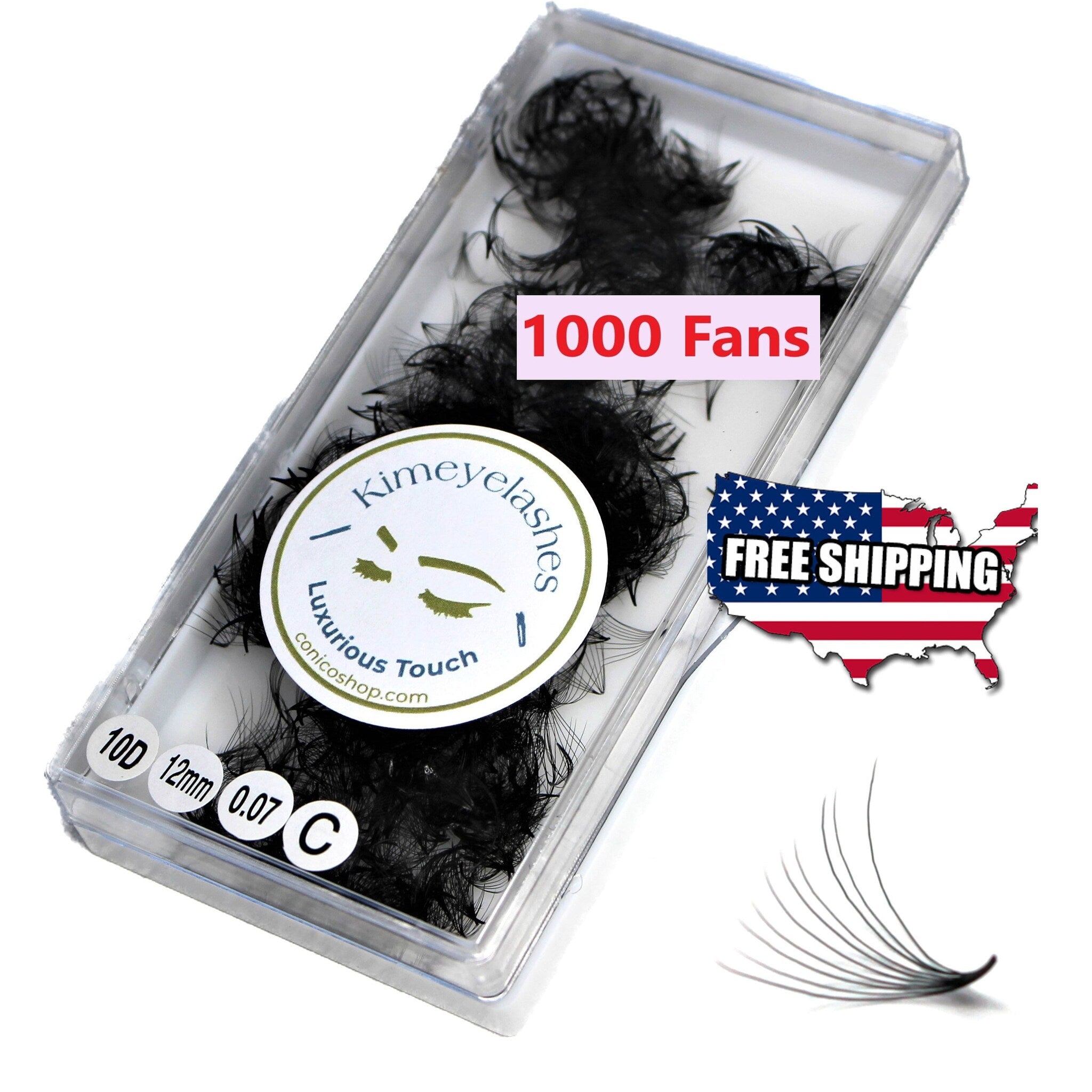 False eyelashes black fans in clear container with Kimeyelashes logo and "1000 Fans" text