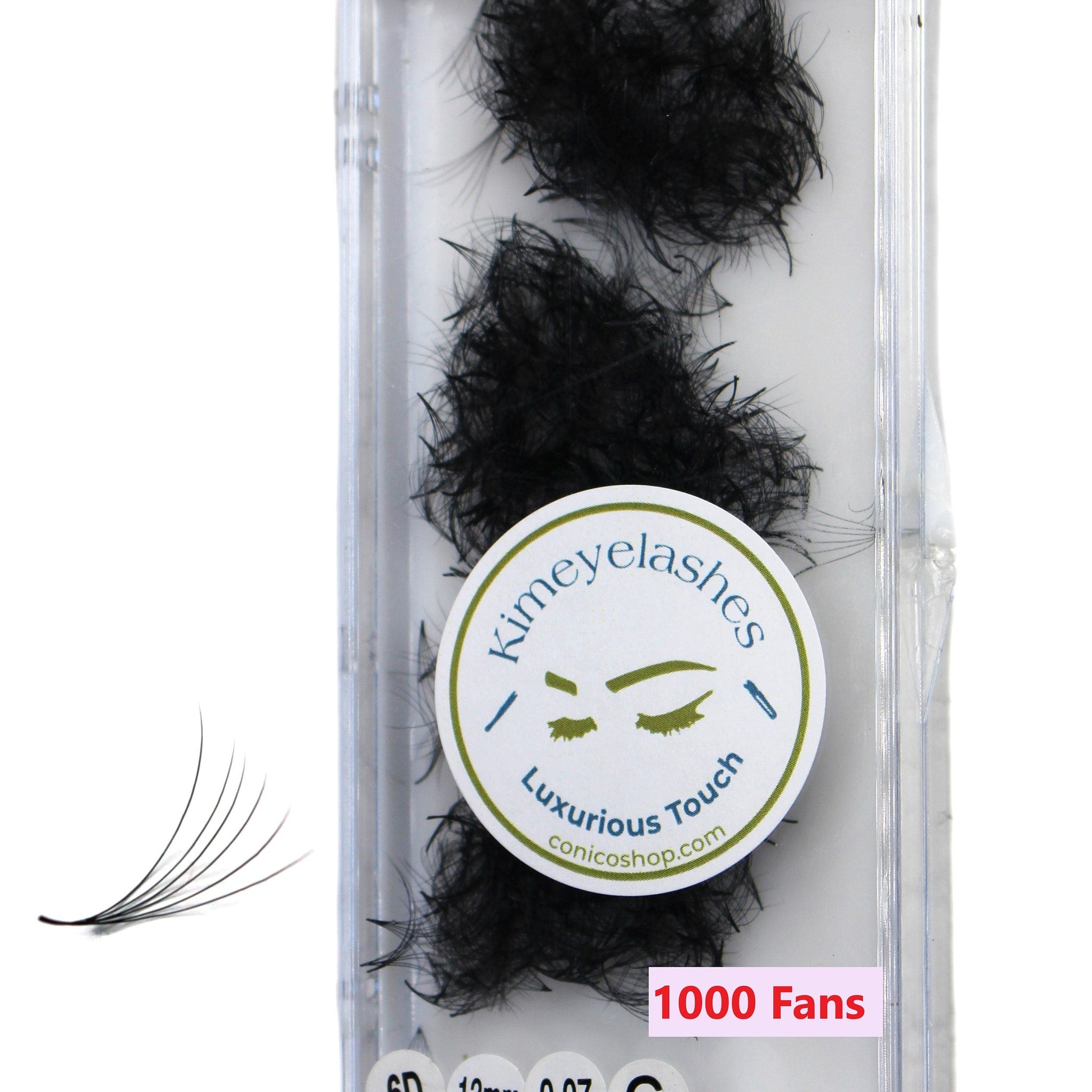 Kimeyelashes black eyelash fans in clear packaging with brand logo and "1000 Fans" text