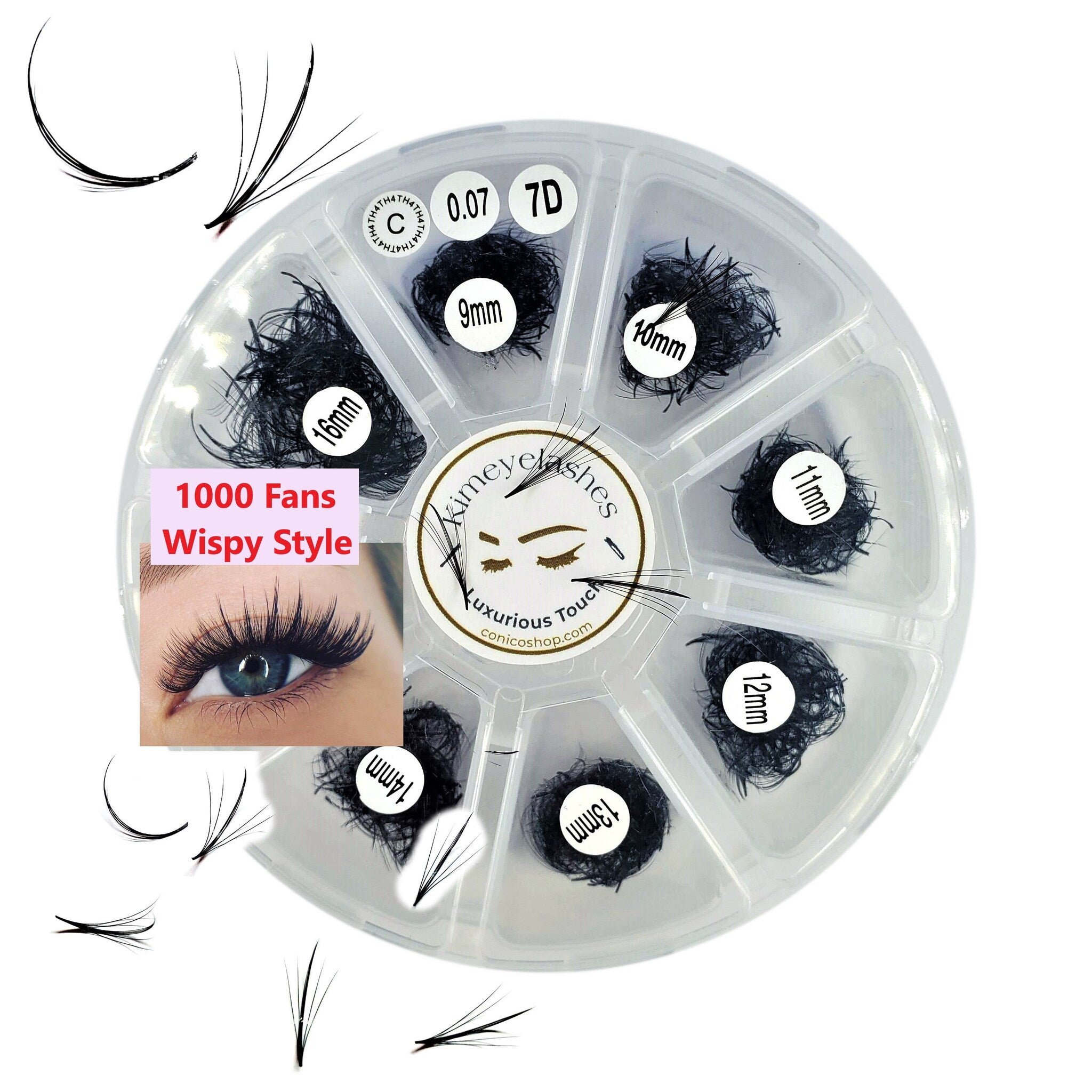 Eyelash extensions in black, wispy style, with Kimeyelashes branding and length labels