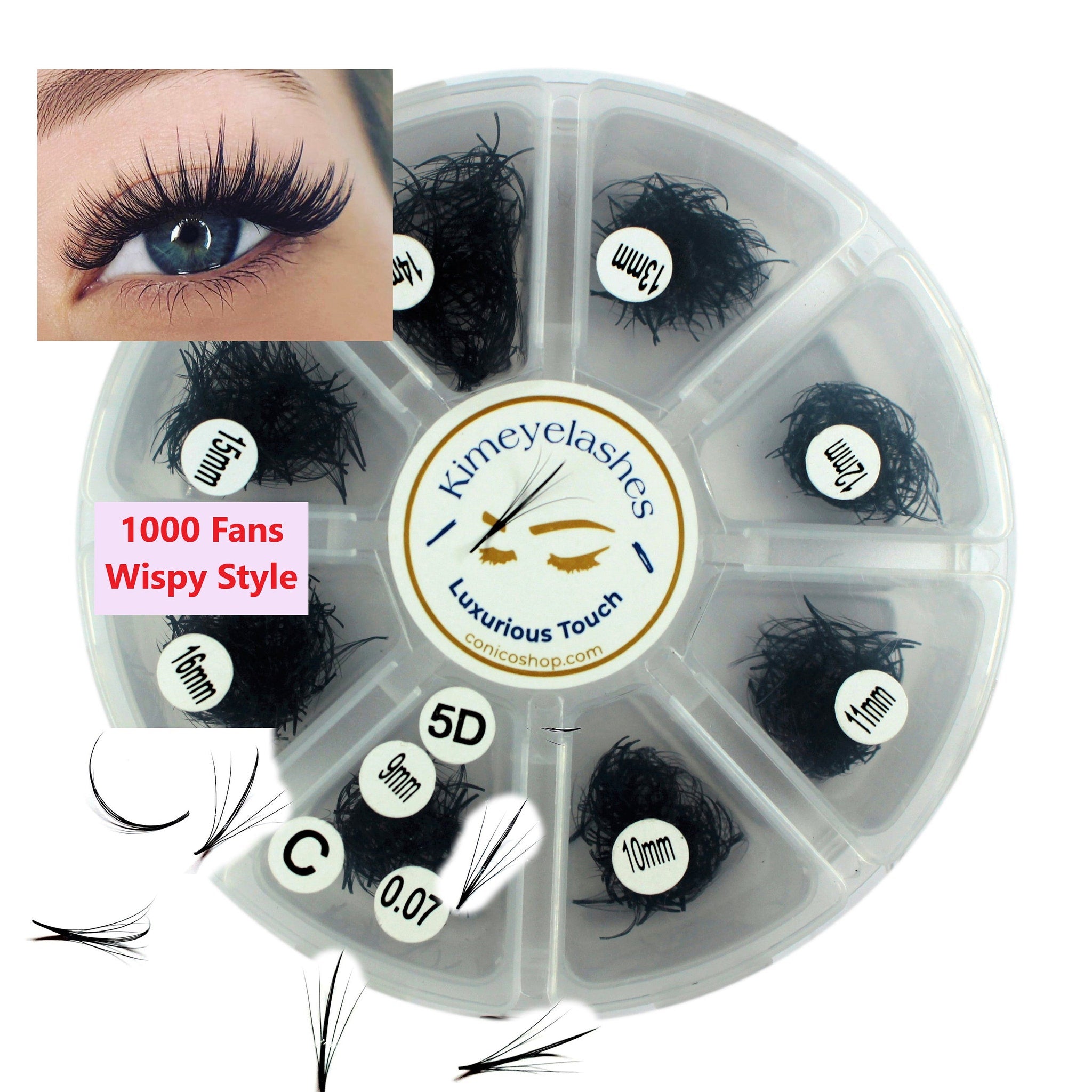 False eyelashes, black wispy fans, Kimeyelashes brand, in clear container, various lengths