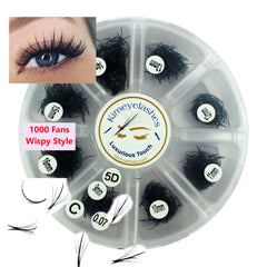 False eyelashes, black wispy fans, Kimeyelashes brand, in clear container, various lengths