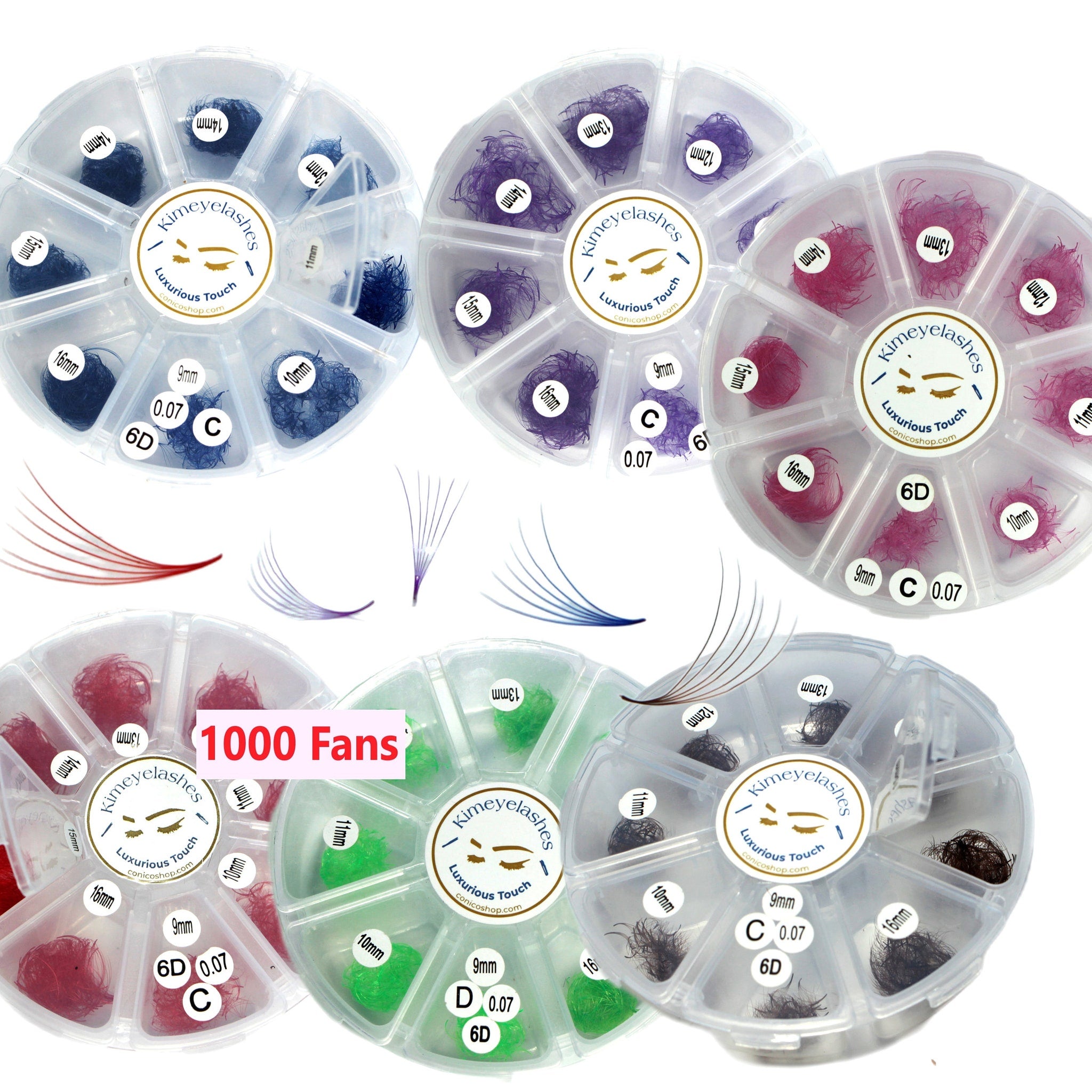 Eyelash extensions in various colors and lengths, Kimeyelashes brand, in clear plastic containers
